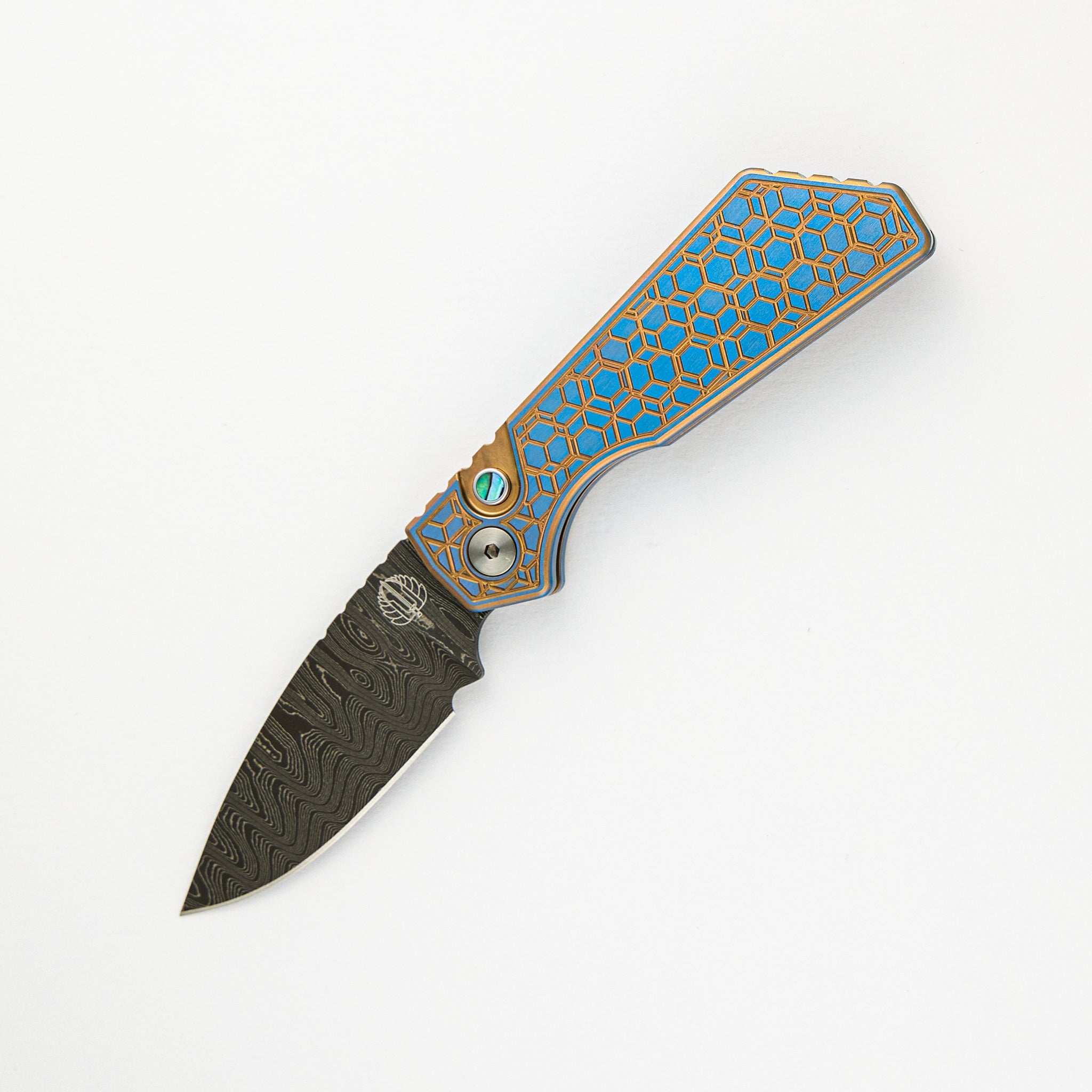 Strider PT+ Auto Custom 006 - Titanium Blue/Gold "Gridlock" Handle, Abalone Button
