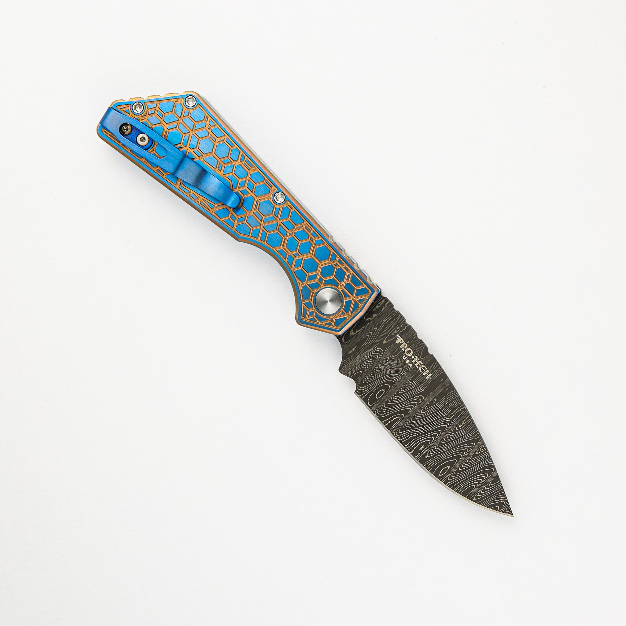 Strider PT+ Auto Custom 006 - Titanium Blue/Gold "Gridlock" Handle, Abalone Button