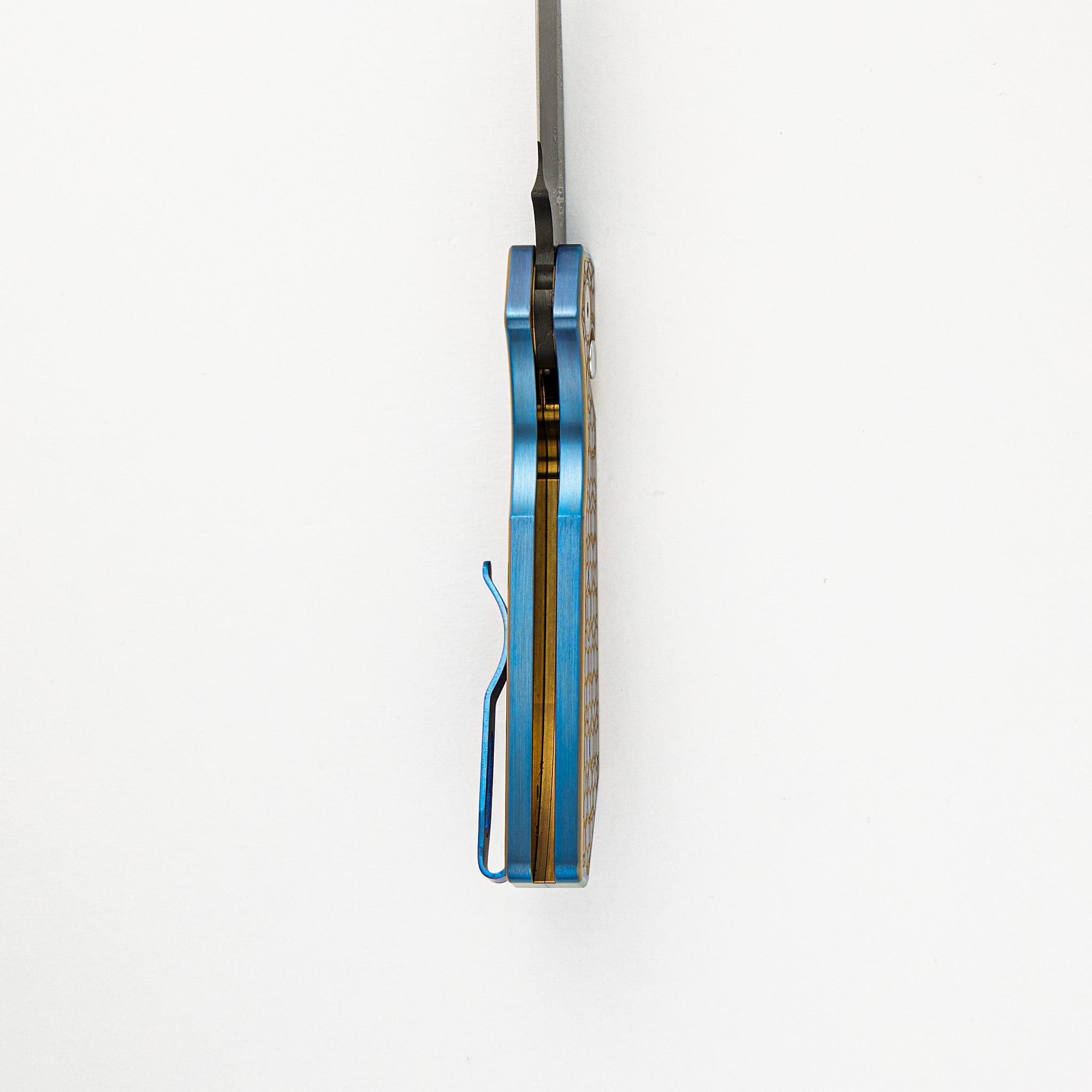 Strider PT+ Auto Custom 006 - Titanium Blue/Gold "Gridlock" Handle, Abalone Button