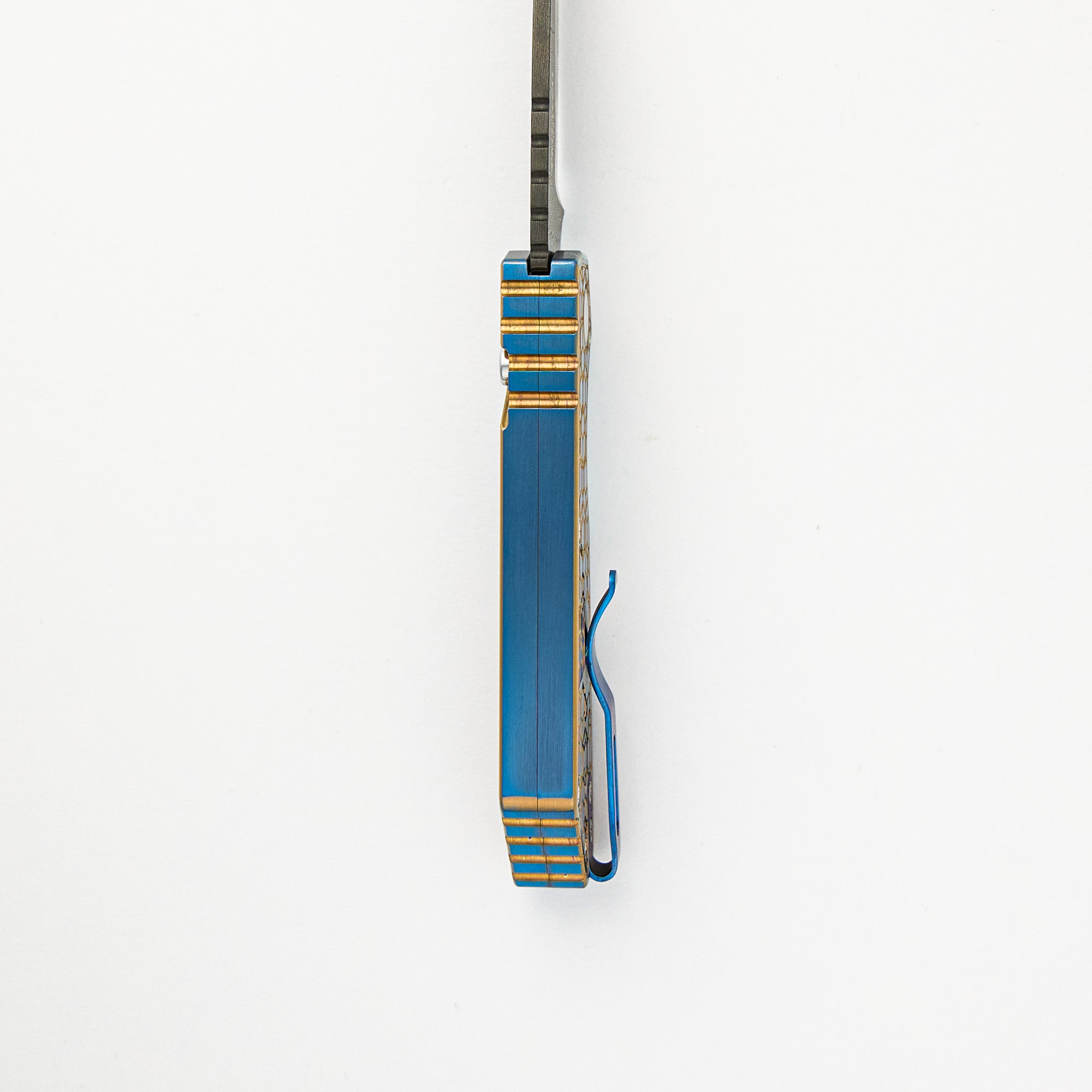 Strider PT+ Auto Custom 006 - Titanium Blue/Gold "Gridlock" Handle, Abalone Button