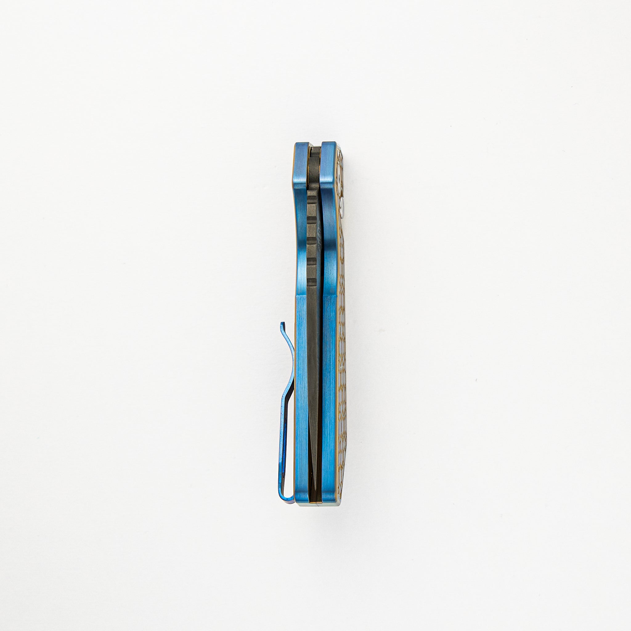 Strider PT+ Auto Custom 006 - Titanium Blue/Gold "Gridlock" Handle, Abalone Button