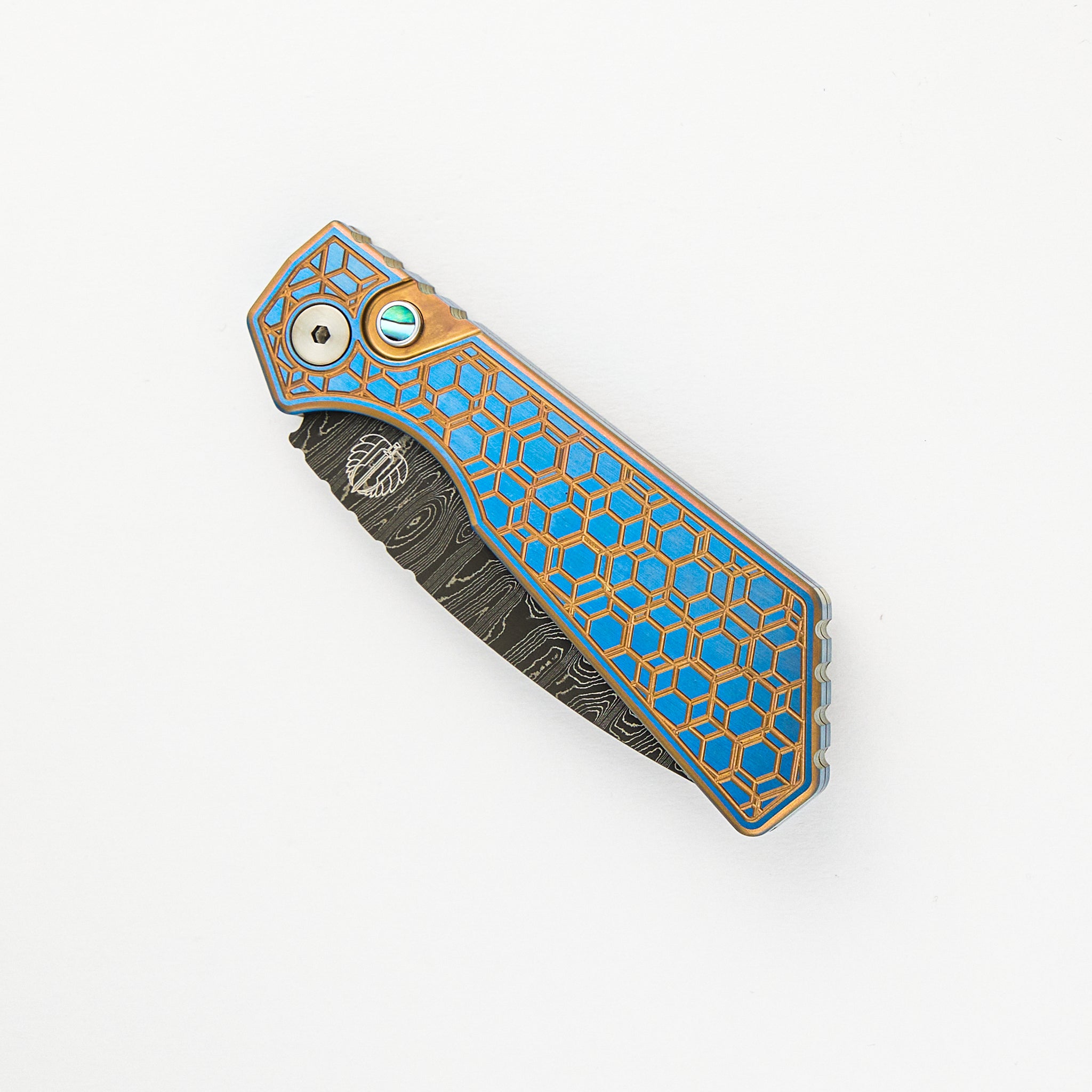 Strider PT+ Auto Custom 006 - Titanium Blue/Gold "Gridlock" Handle, Abalone Button