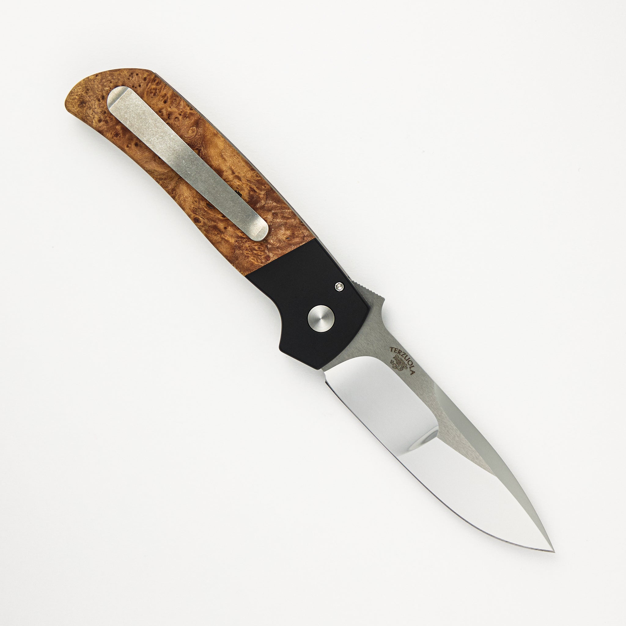 2024 ATCF Custom 004 Black Aluminum Handle, Maple Burl Inlays, Mosaic Pin, Mike Irie Blade