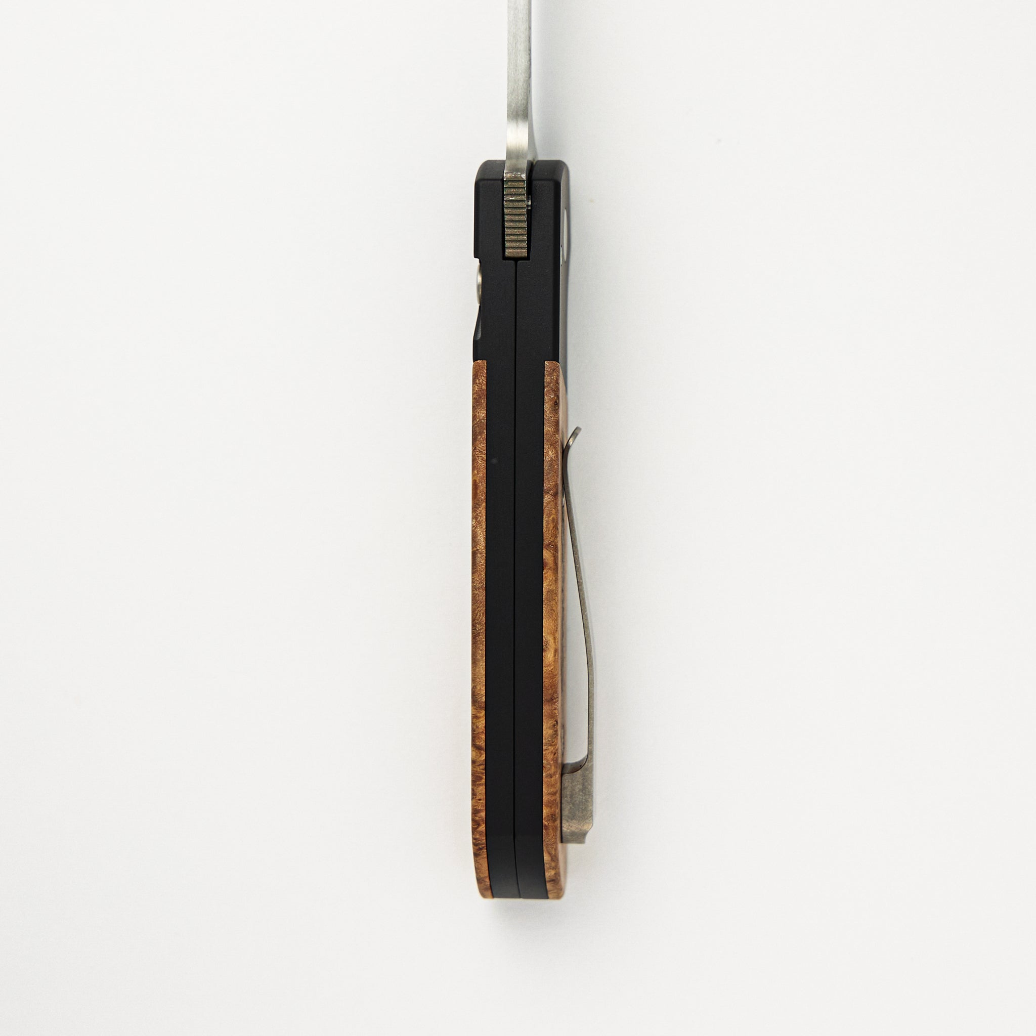 2024 ATCF Custom 004 Black Aluminum Handle, Maple Burl Inlays, Mosaic Pin, Mike Irie Blade