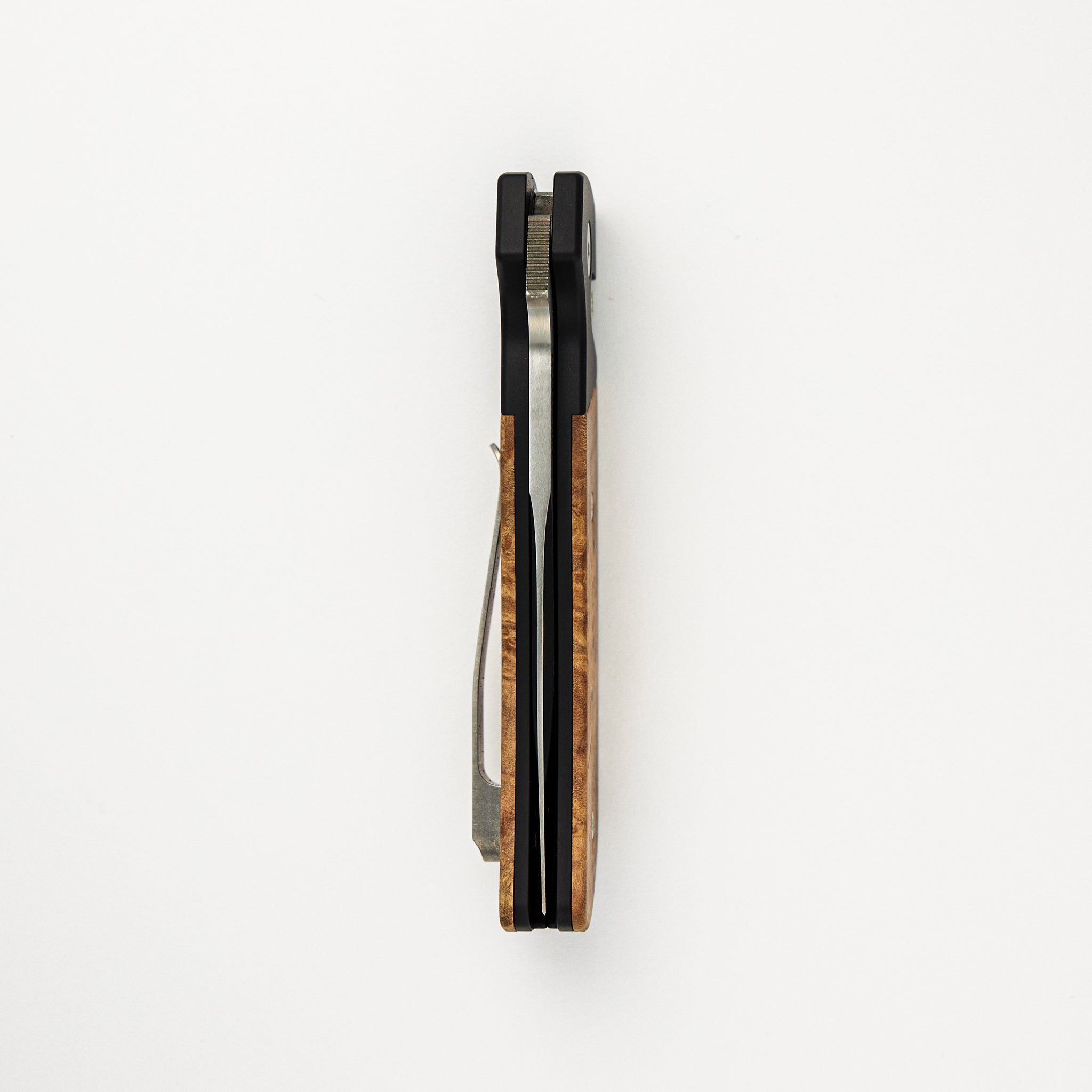 2024 ATCF Custom 004 Black Aluminum Handle, Maple Burl Inlays, Mosaic Pin, Mike Irie Blade