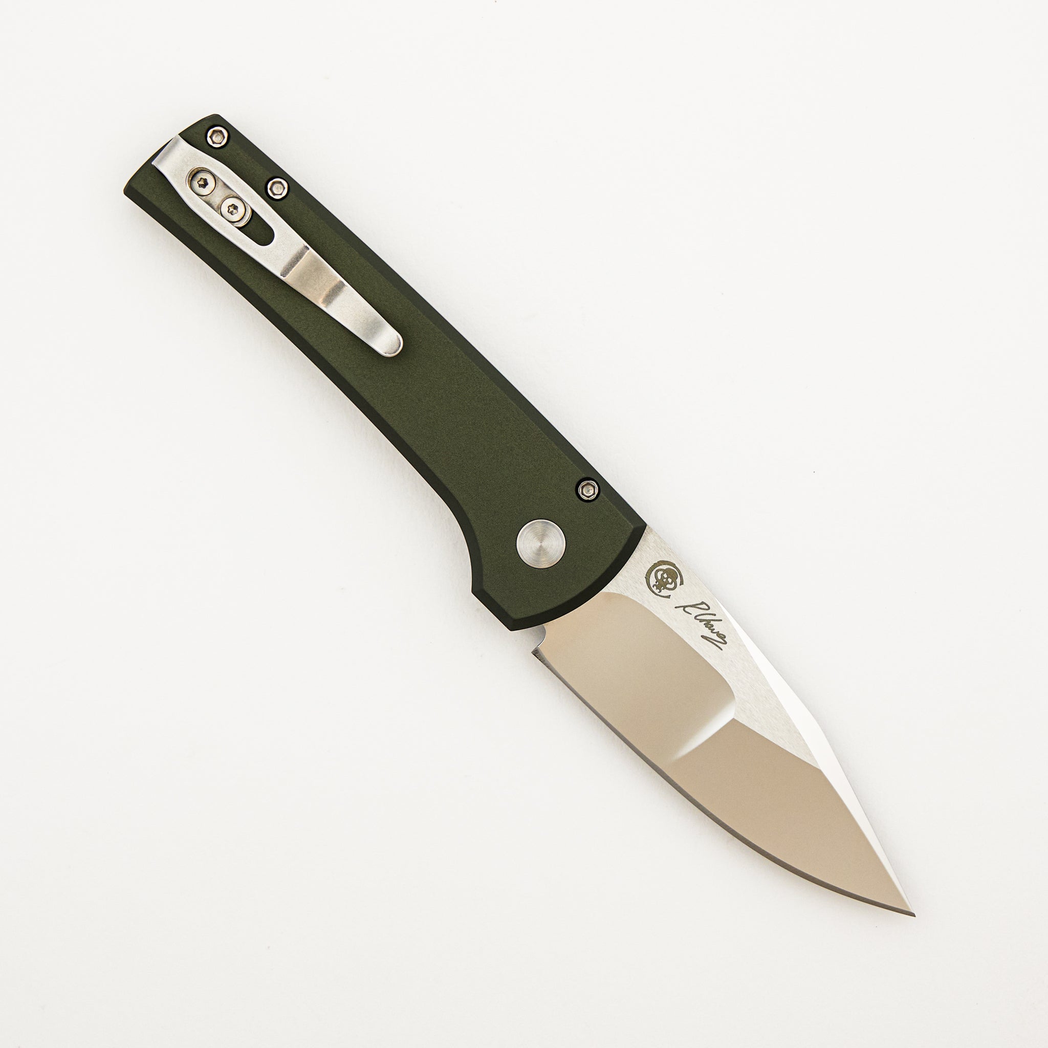 2026 Scapegoat Compact Custom 003 - Solid Green Aluminum Handle - Mike Irie Mirror Polished 154CM Blade (Ramon Chaves Design)