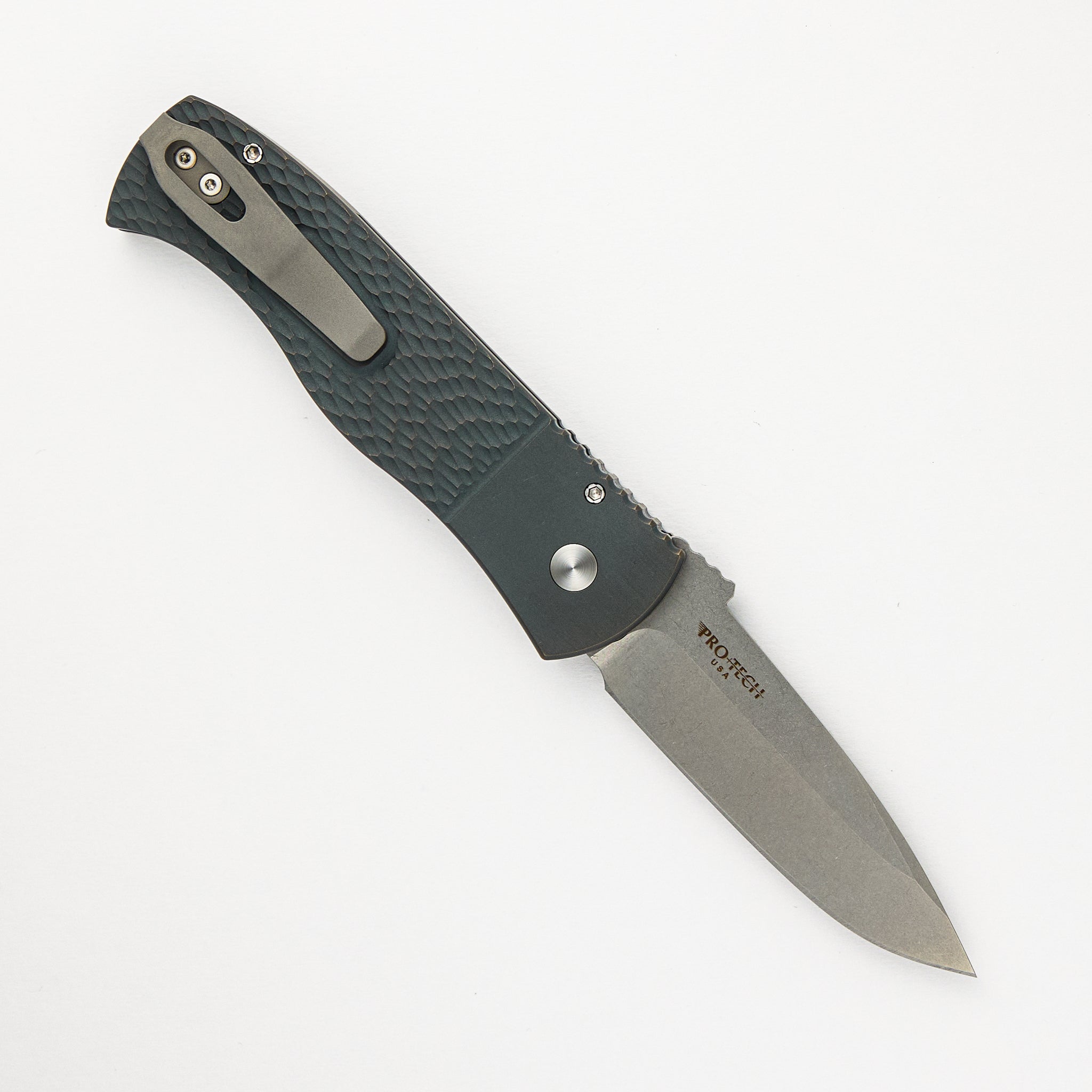 2024 CQC7 Auto Emerson Custom 005 - Titanium Jigged Handle W/ Light Green Ano, MOP Button, Stonewash 20CV Spearpoint Blade