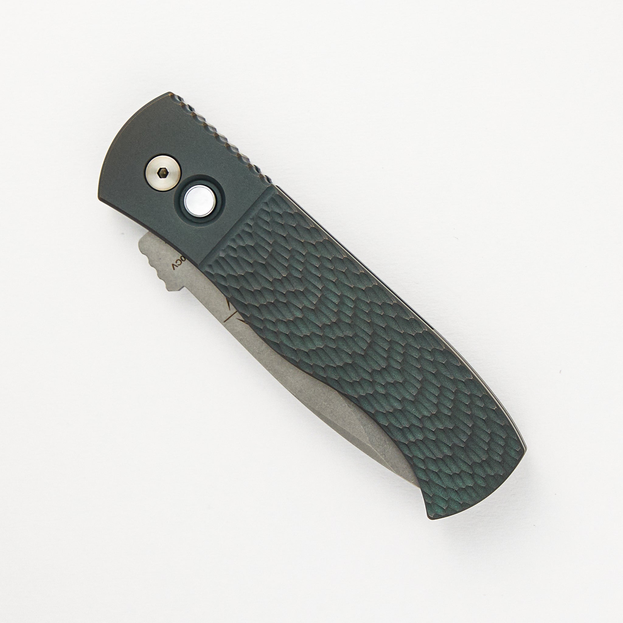 2024 CQC7 Auto Emerson Custom 005 - Titanium Jigged Handle W/ Light Green Ano, MOP Button, Stonewash 20CV Spearpoint Blade