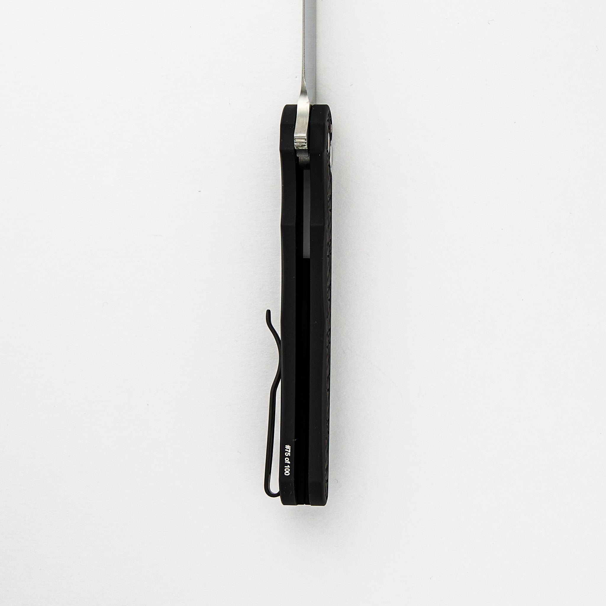 Malibu Flipper Custom 001 - Black Aluminum "Nexus" Handle, Irie Ground Wharncliffe Blade, Black Lip Pearl Button