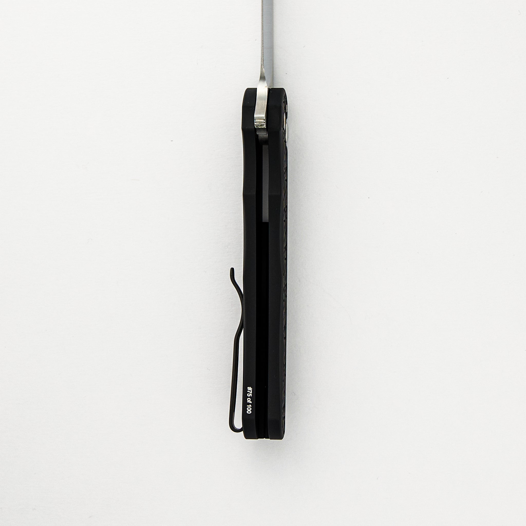 Malibu Flipper Custom 001 - Black Aluminum "Nexus" Handle, Irie Ground Wharncliffe Blade, Black Lip Pearl Button