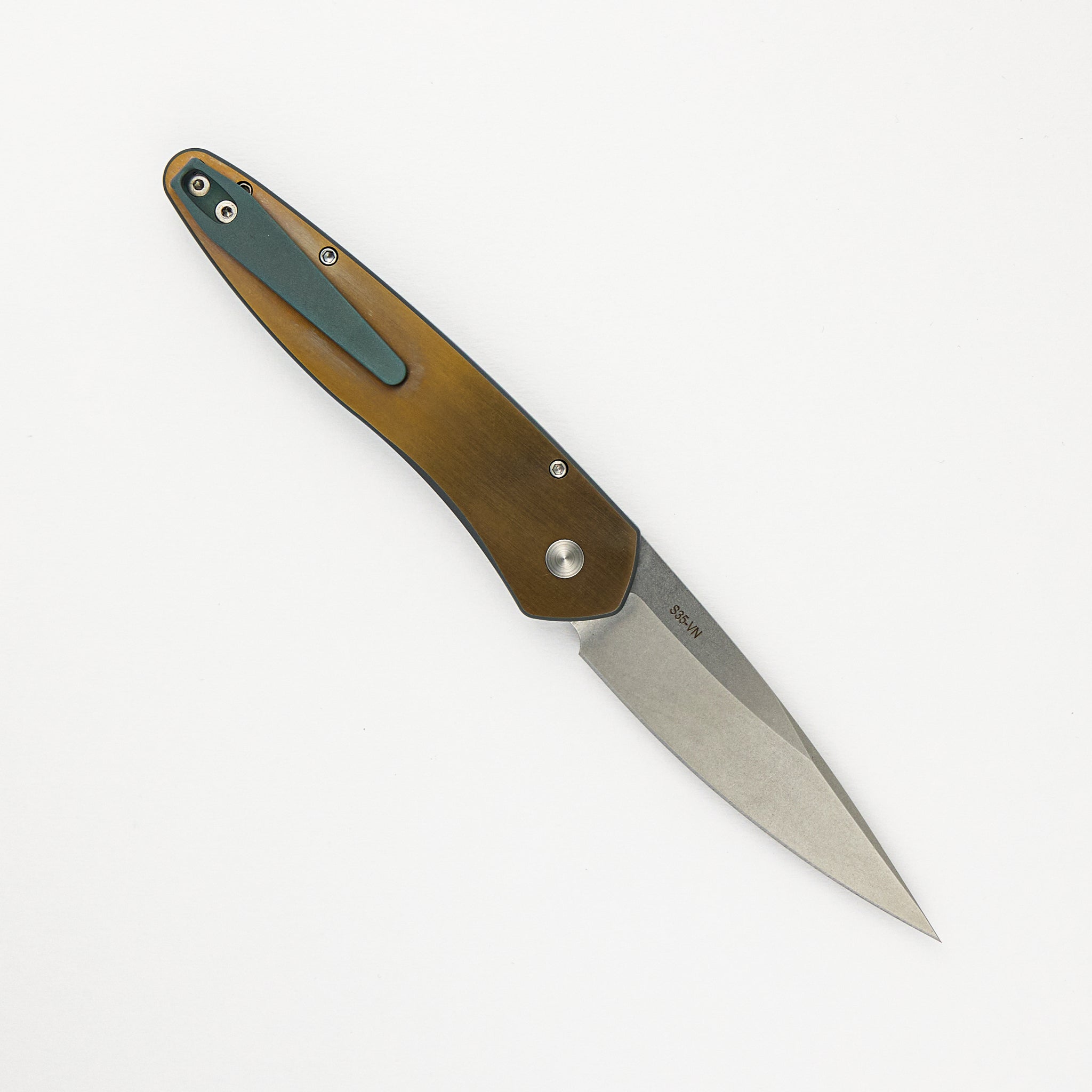 Newport - Custom 002 - Green/Bronze Ti Wave Handle, Stonewash S35VN Blade, Abalone Button
