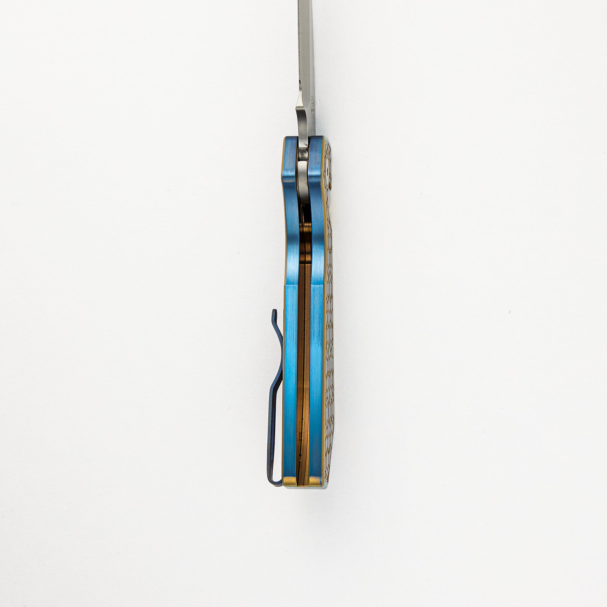 Strider PT+ Auto Custom 007 - Titanium Blue/Gold "Gridlock" Handle, Stonewash MagnaCut Blade, Abalone Button