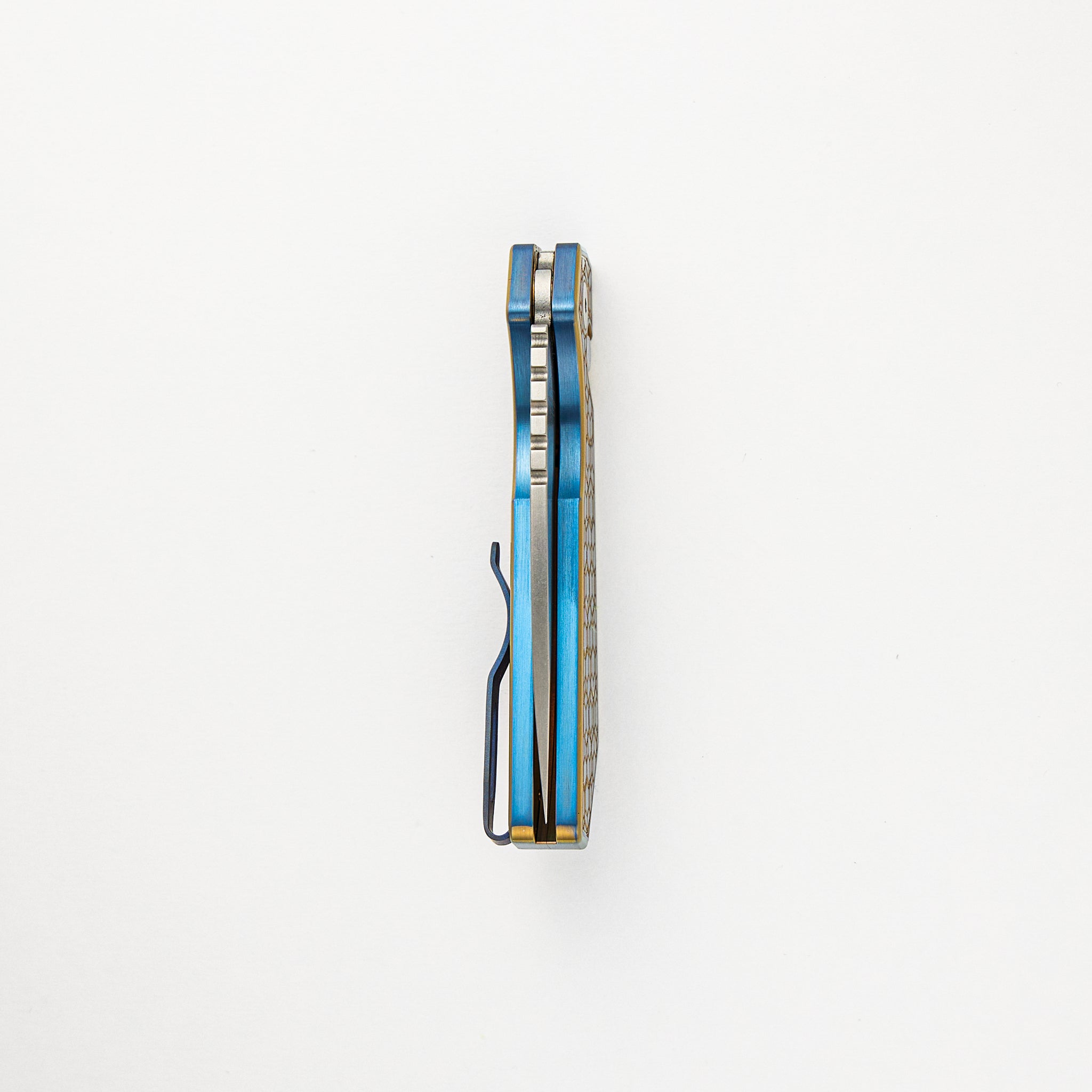Strider PT+ Auto Custom 007 - Titanium Blue/Gold "Gridlock" Handle, Stonewash MagnaCut Blade, Abalone Button
