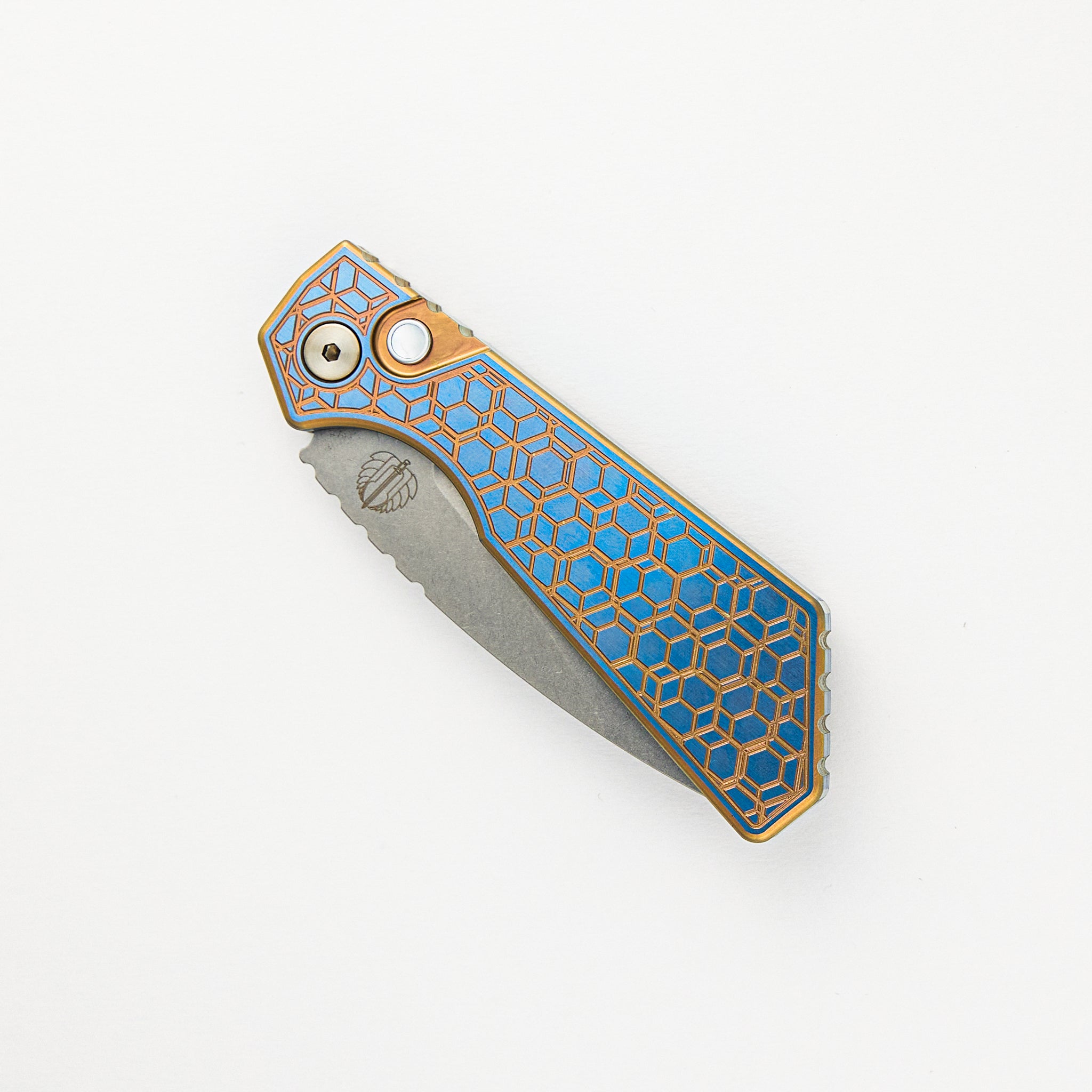 Strider PT+ Auto Custom 007 - Titanium Blue/Gold "Gridlock" Handle, Stonewash MagnaCut Blade, Abalone Button