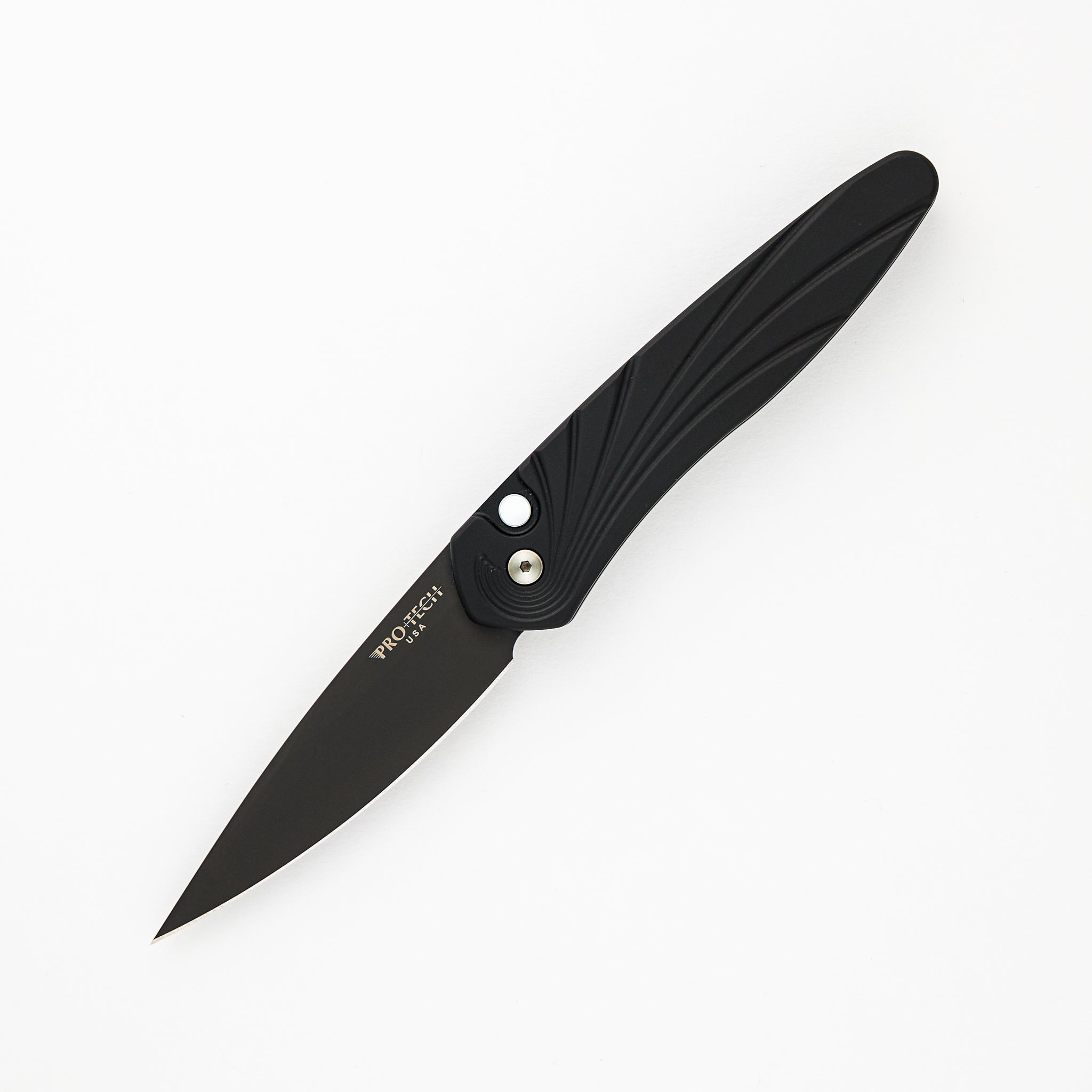 Pro-Tech Knives Newport – Black Aluminum Handle W/ 3D Wave – Black S35VN Blade - MOP Button 3437