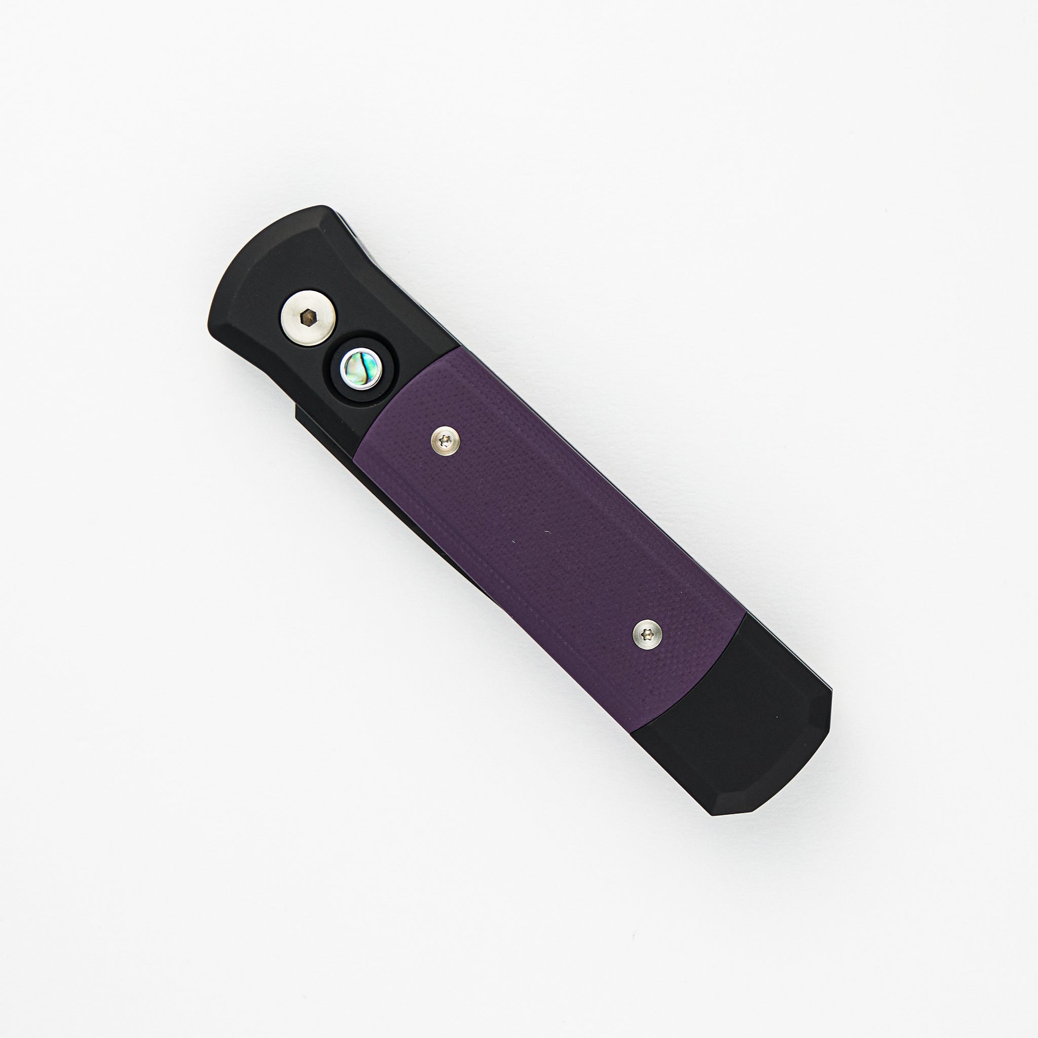 Godson – Black Handle / Purple G10 Inlays – Black DLC 154CM Blade Abalone button 715-PURPLE