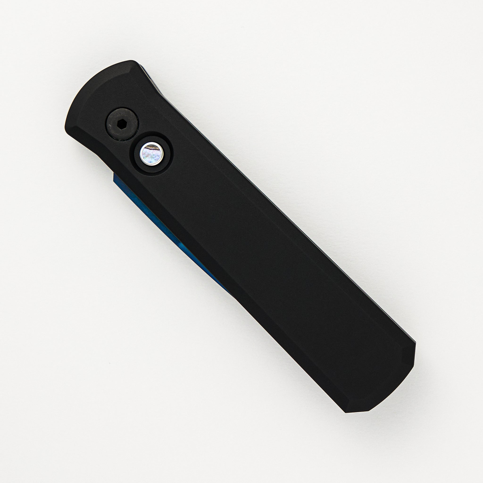 Godson – Solid Black Handle – Satin Sapphire Blue Blade – Abalone Button – All Black Hardware 721-SB