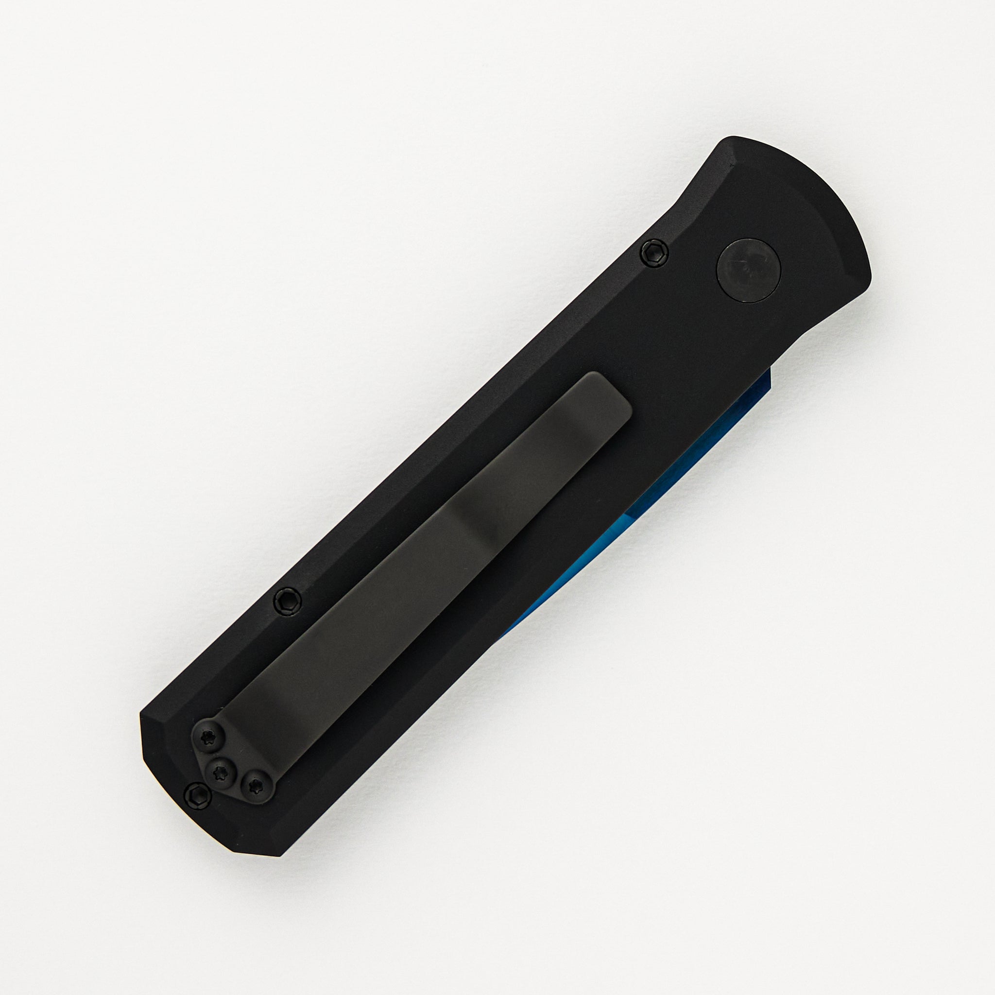 Godson – Solid Black Handle – Satin Sapphire Blue Blade – Abalone Button – All Black Hardware 721-SB