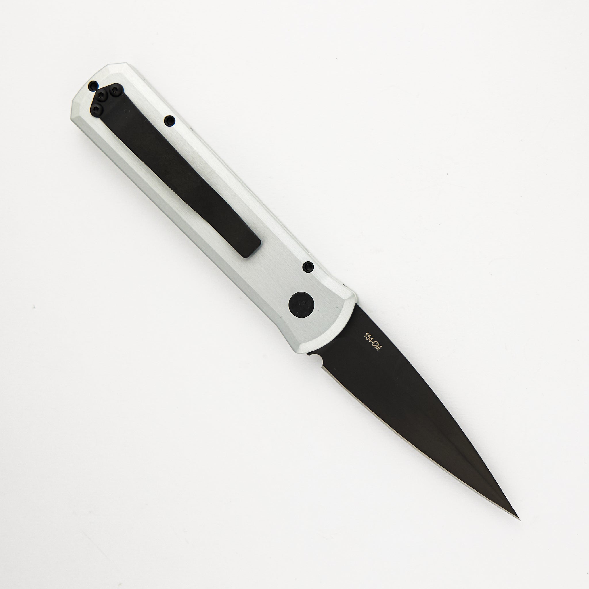 Pro-Tech Knives Godson – Solid Satin Silver Handle – DLC Black Blade & Hardware 721-SILVER
