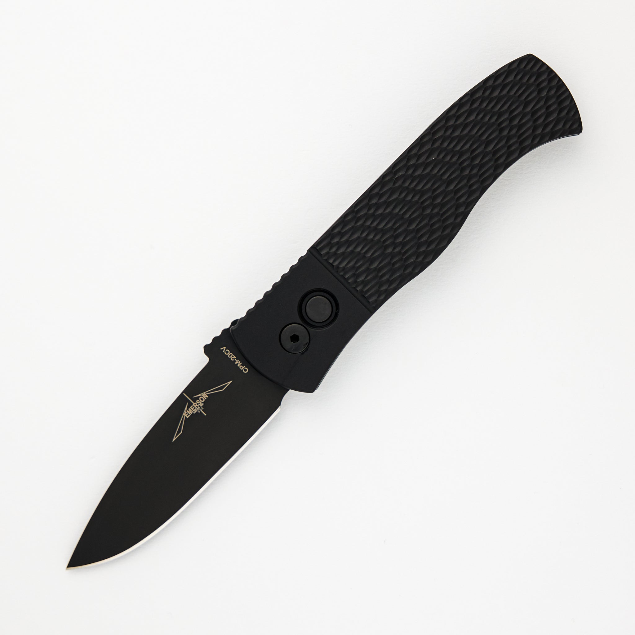 CQC7 Auto - Jigged Textured Black Handle - Black DLC 20CV Spear Point Blade E7A06-20CV (Emerson Design)