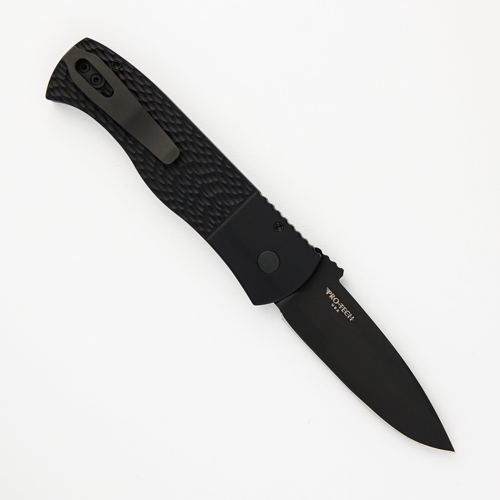 CQC7 Auto - Jigged Textured Black Handle - Black DLC 20CV Spear Point Blade E7A06-20CV (Emerson Design)