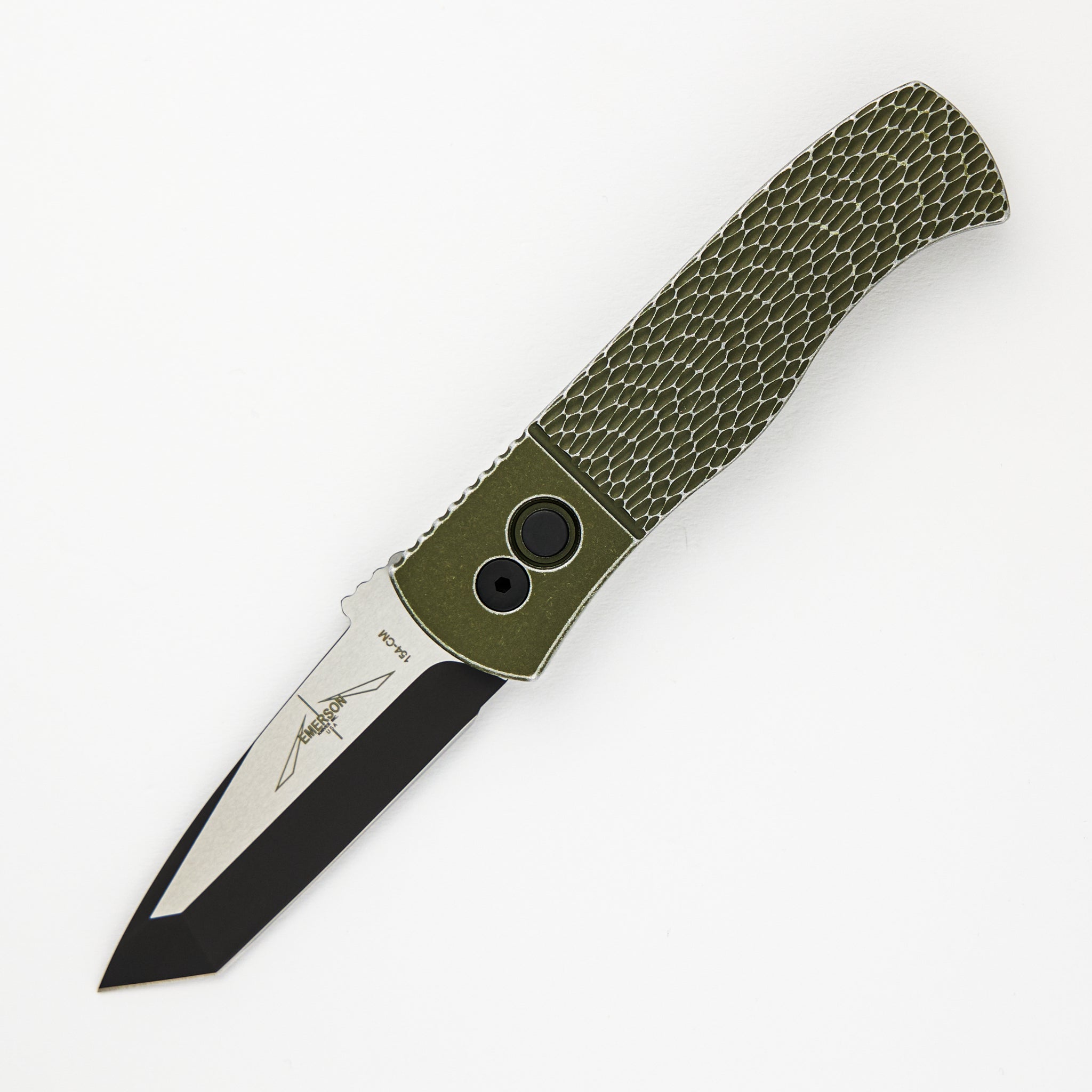 Emerson CQC7 Auto - Green "Battle Worn" Jigged Textured Handle - 2-tone DLC/Satin 154cm Tanto Blade E7T15-BW-GREEN