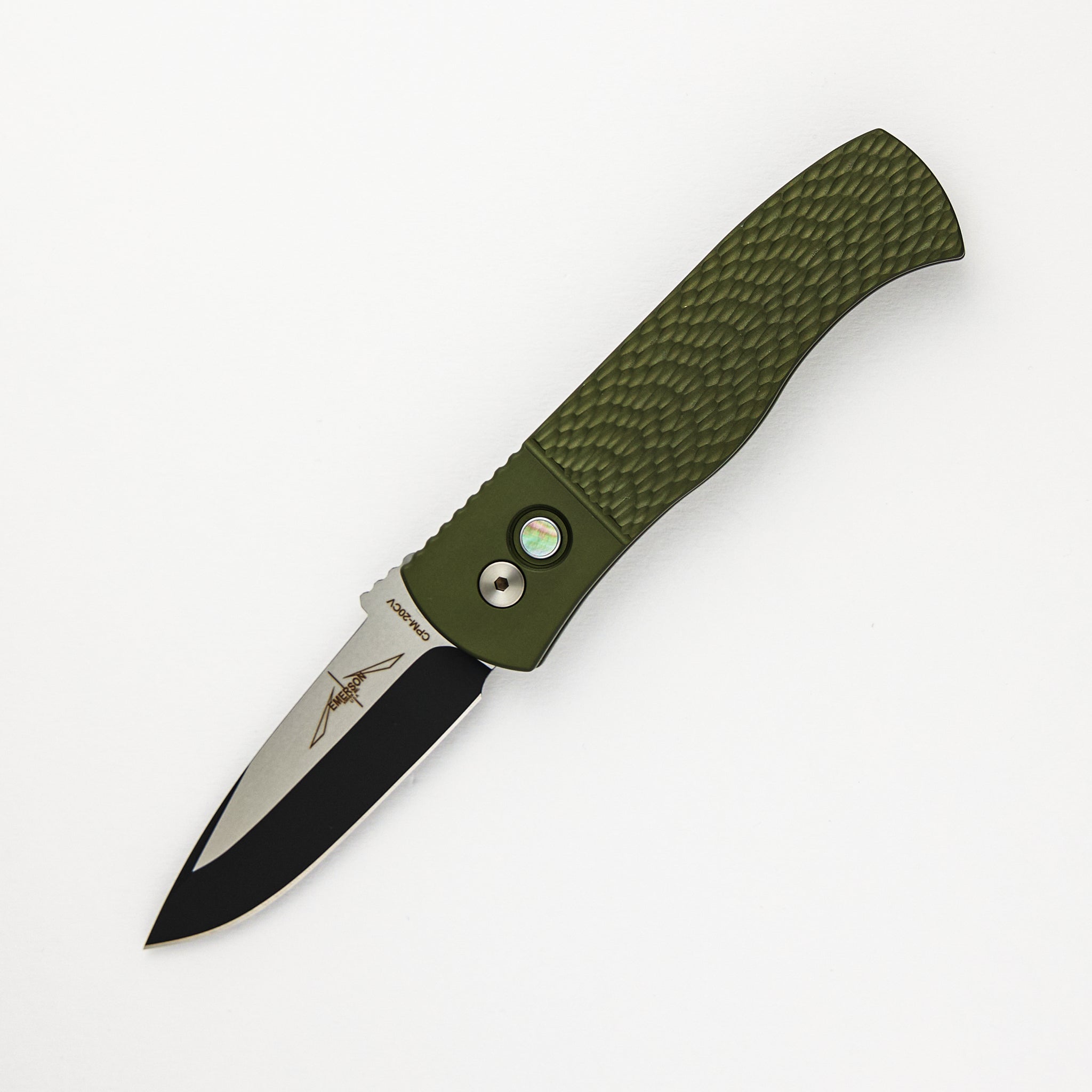 CQC7 Auto Emerson - Blade Show ATL 2024 - Green Jigged Handle, 2-Tone DLC Spear Point CPM-20CV Blade