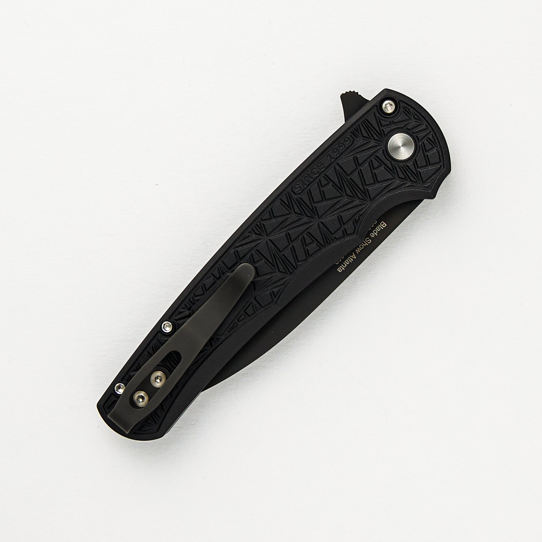 Malibu Flipper - Blade Show ATL 2024 - Black Handle W/ Nexus/Since 1999 Texture, MOP Button, DLC MagnaCut Wharncliffe Blade