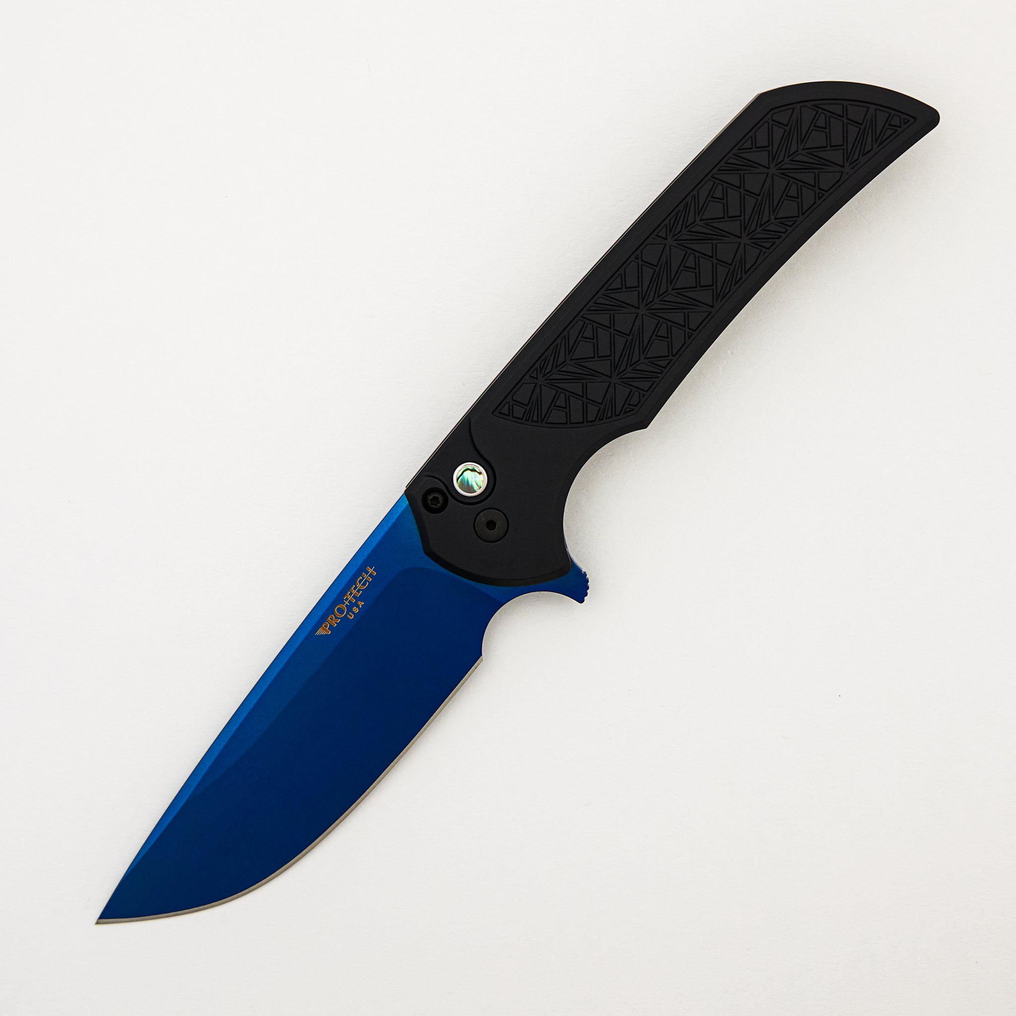 Mordax - MX106-SB NEXUS - Black "Nexus" Textured Handle - Sapphire Blue PVD MagnaCut Blade - Abalone Button