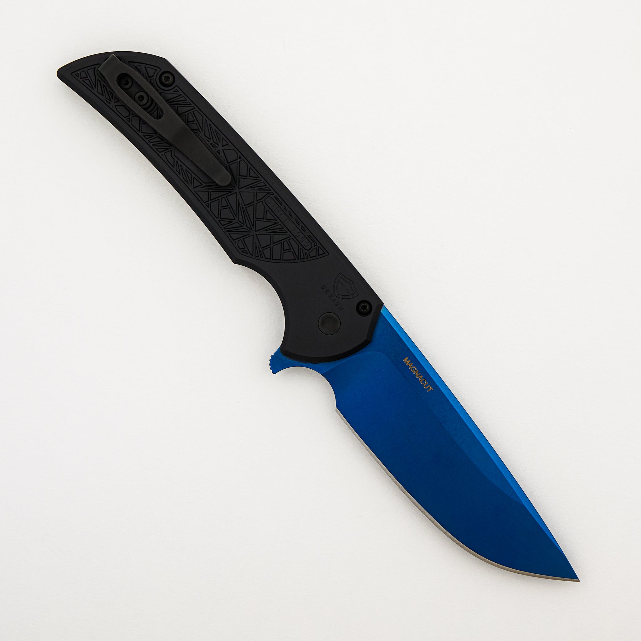 Mordax - MX106-SB NEXUS - Black "Nexus" Textured Handle - Sapphire Blue PVD MagnaCut Blade - Abalone Button