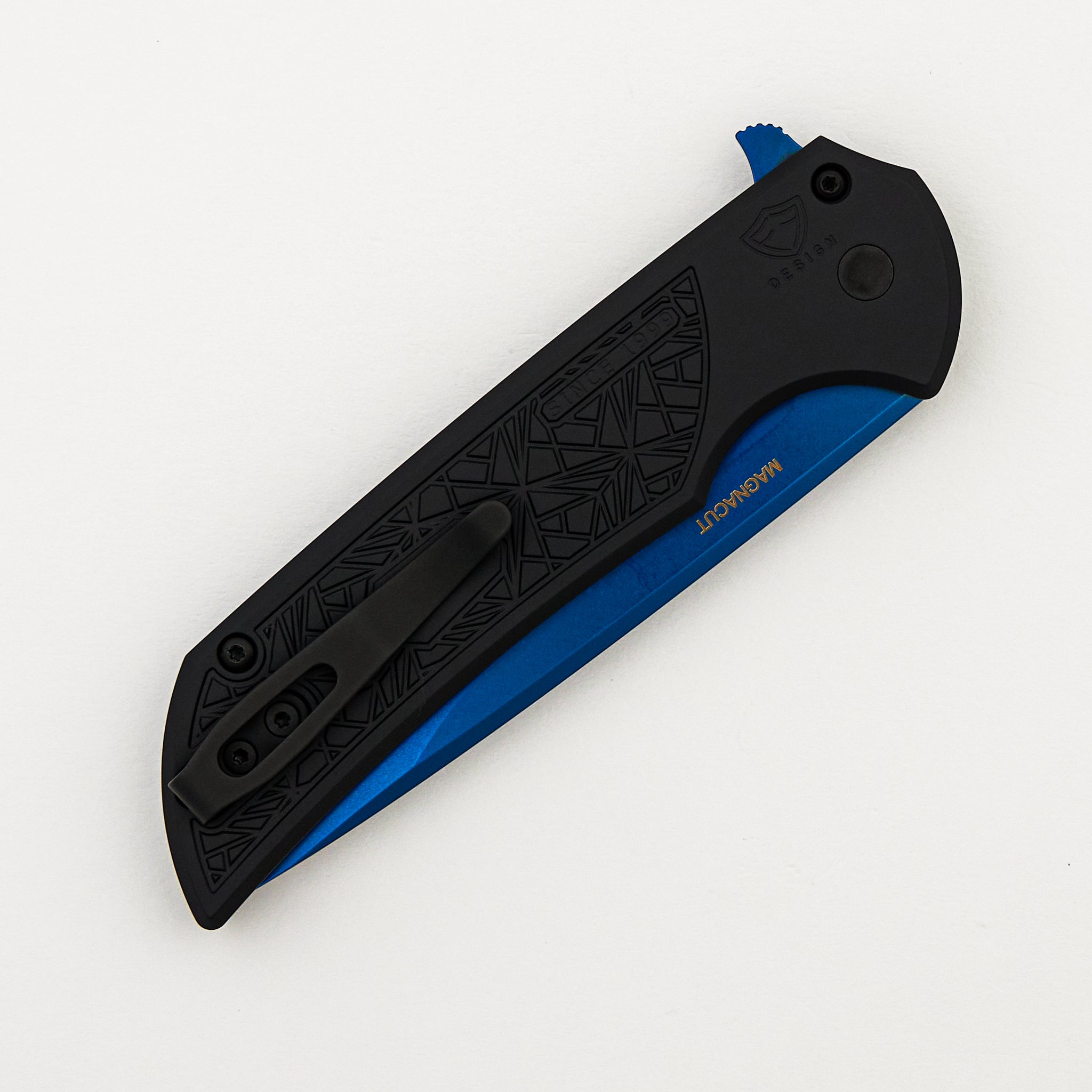 Mordax - MX106-SB NEXUS - Black "Nexus" Textured Handle - Sapphire Blue PVD MagnaCut Blade - Abalone Button