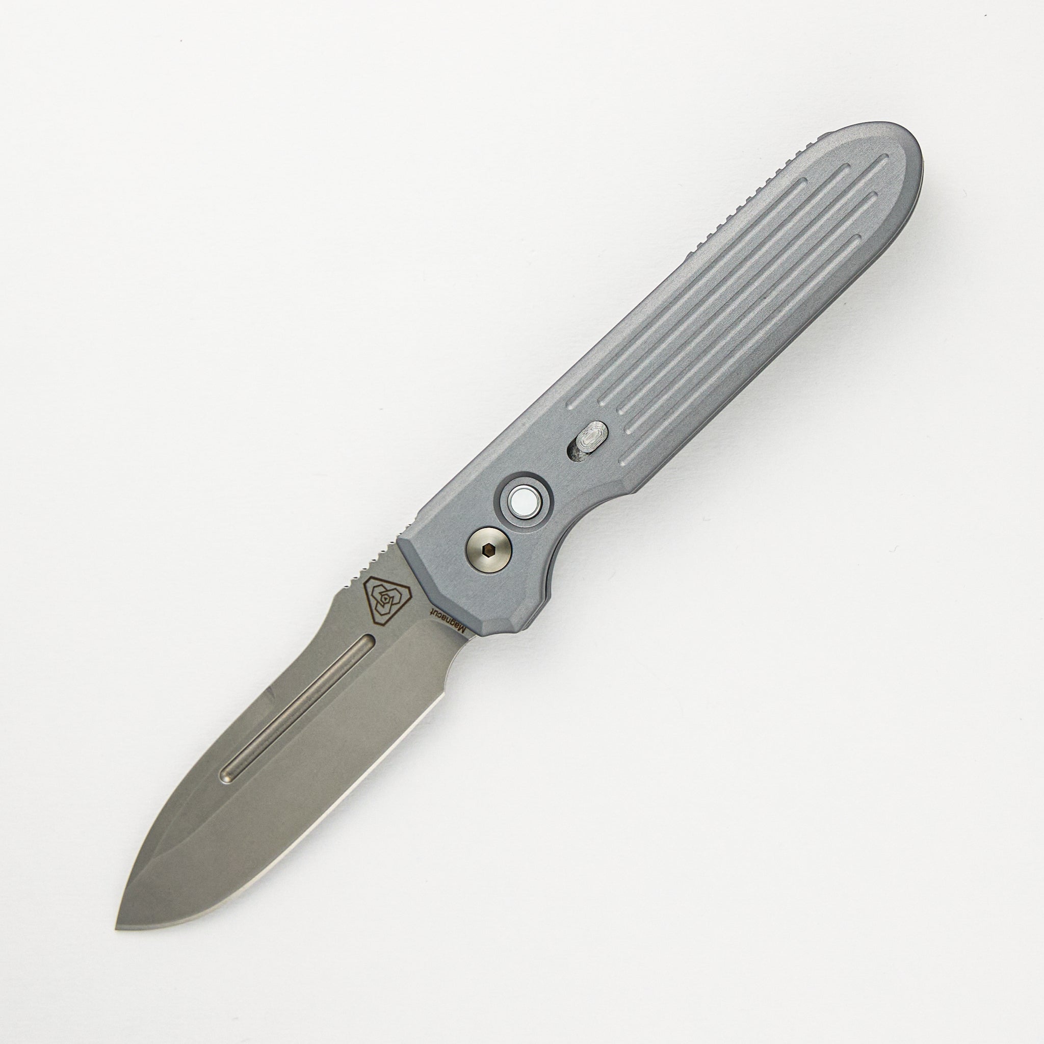 PDW Invictus Auto - Blade Show ATL 2024 - Grey Handle, MOP Button, MagnaCut Stonewash Blade