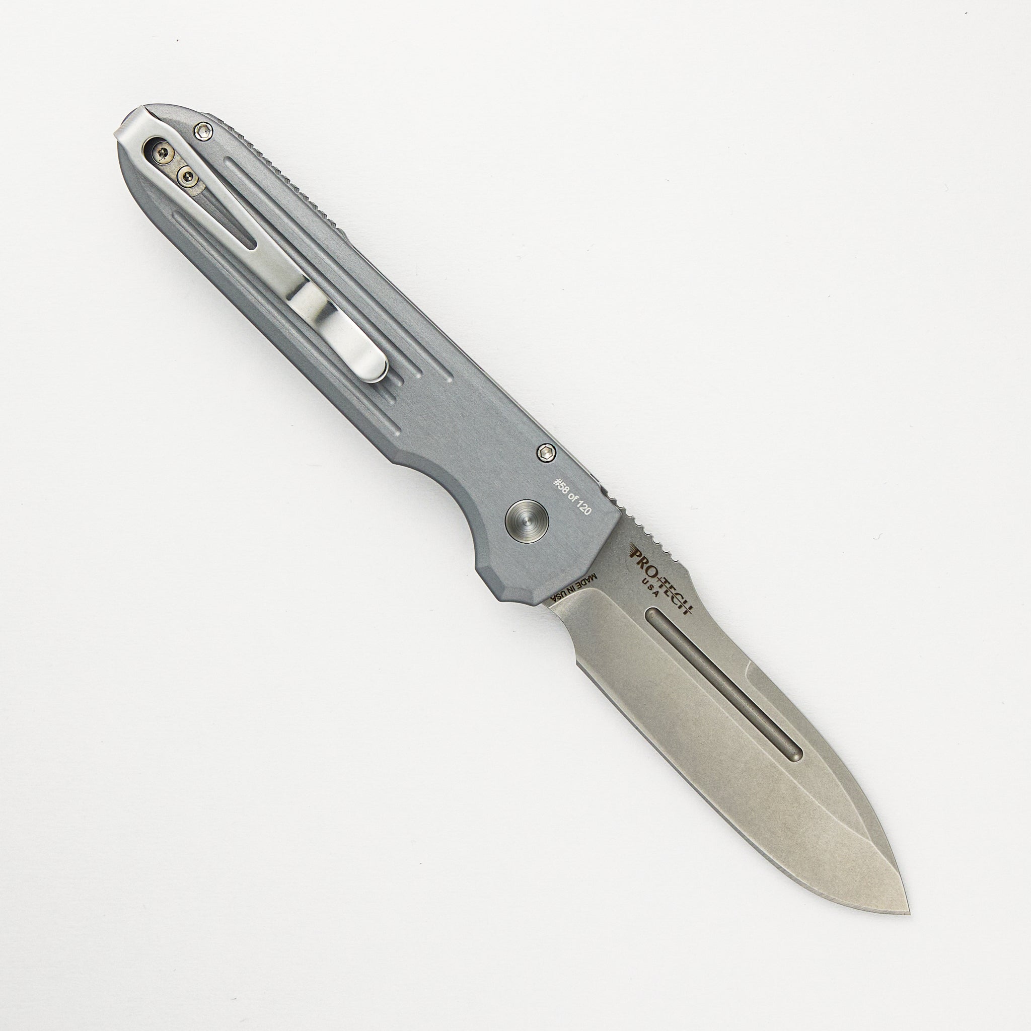PDW Invictus Auto - Blade Show ATL 2024 - Grey Handle, MOP Button, MagnaCut Stonewash Blade