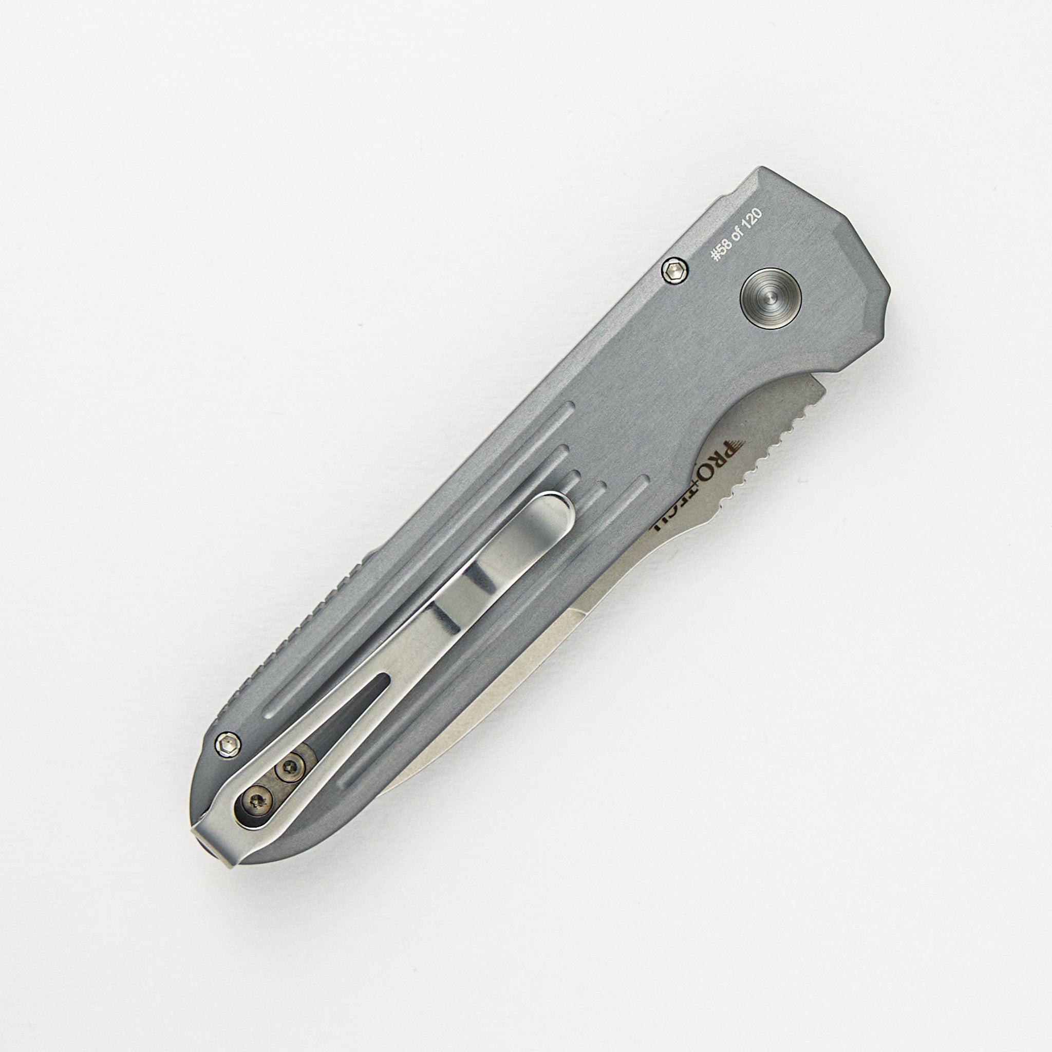 PDW Invictus Auto - Blade Show ATL 2024 - Grey Handle, MOP Button, MagnaCut Stonewash Blade