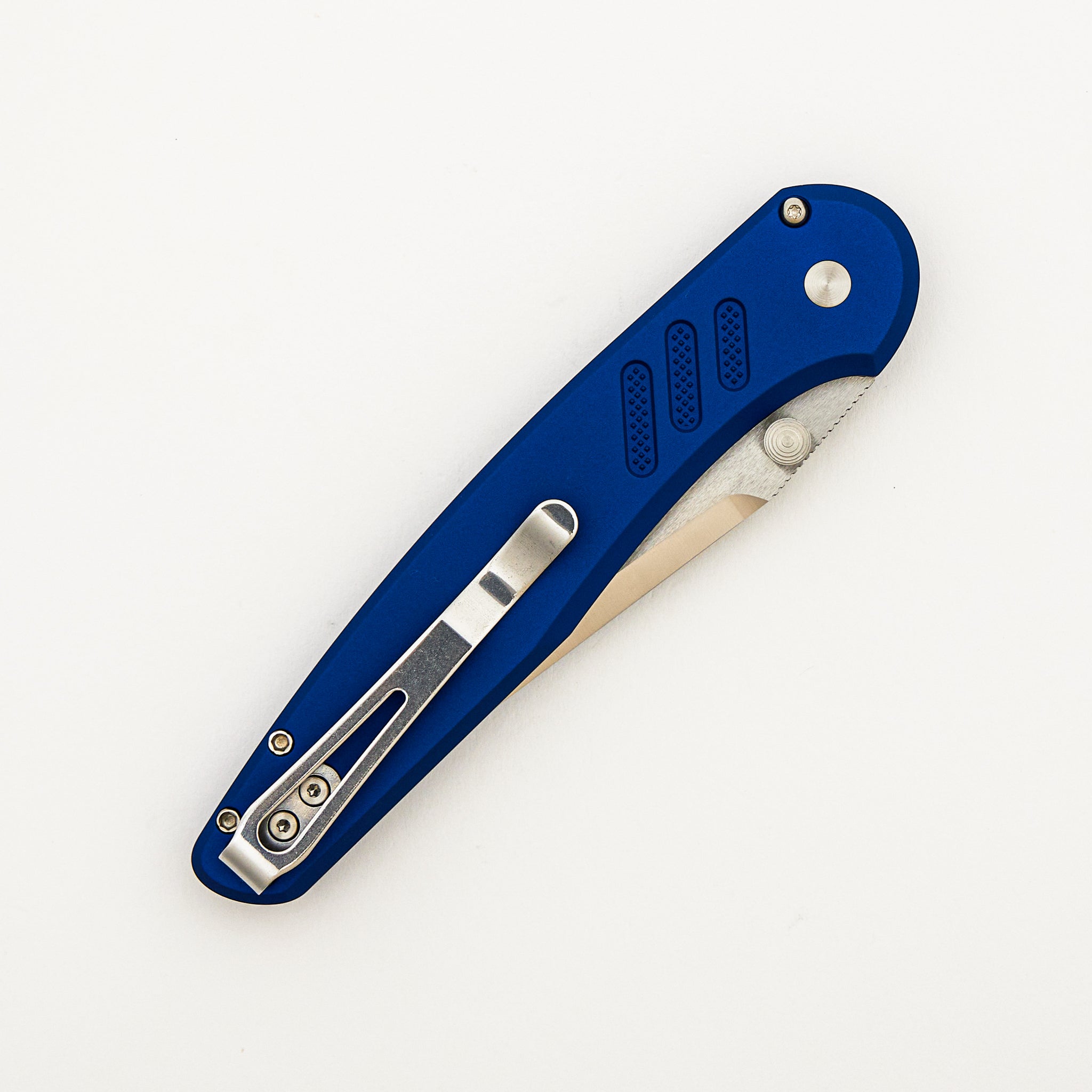 Avalon - PN1100-LTD BLUE - Knurled Blue Handle - Machine Satin MagnaCut Blade (Peace Neighbor Design)