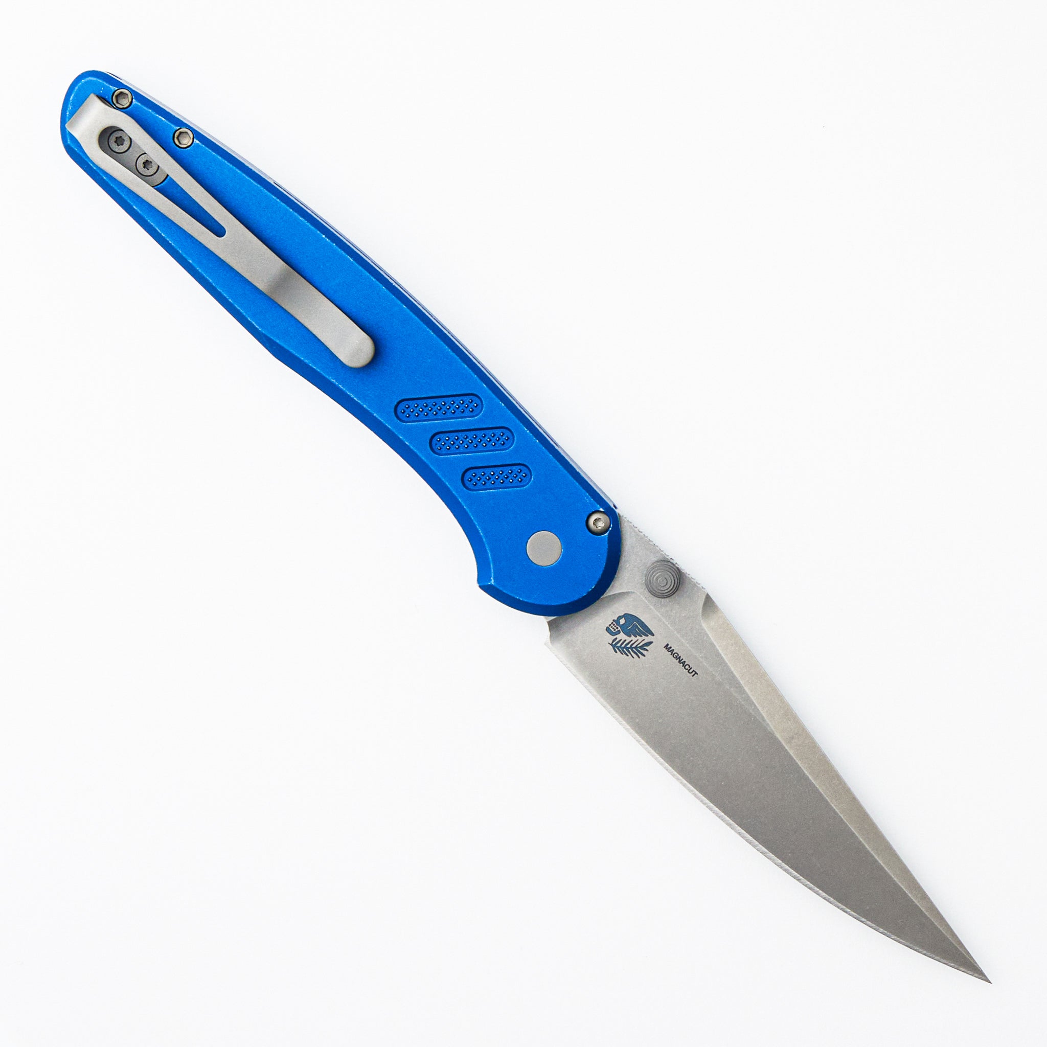 Avalon - PN1101-BW BLUE - Knurled Battleworn Blue Aluminum Handle - Stonewash MagnaCut Blade (Peace Neighbor Design)