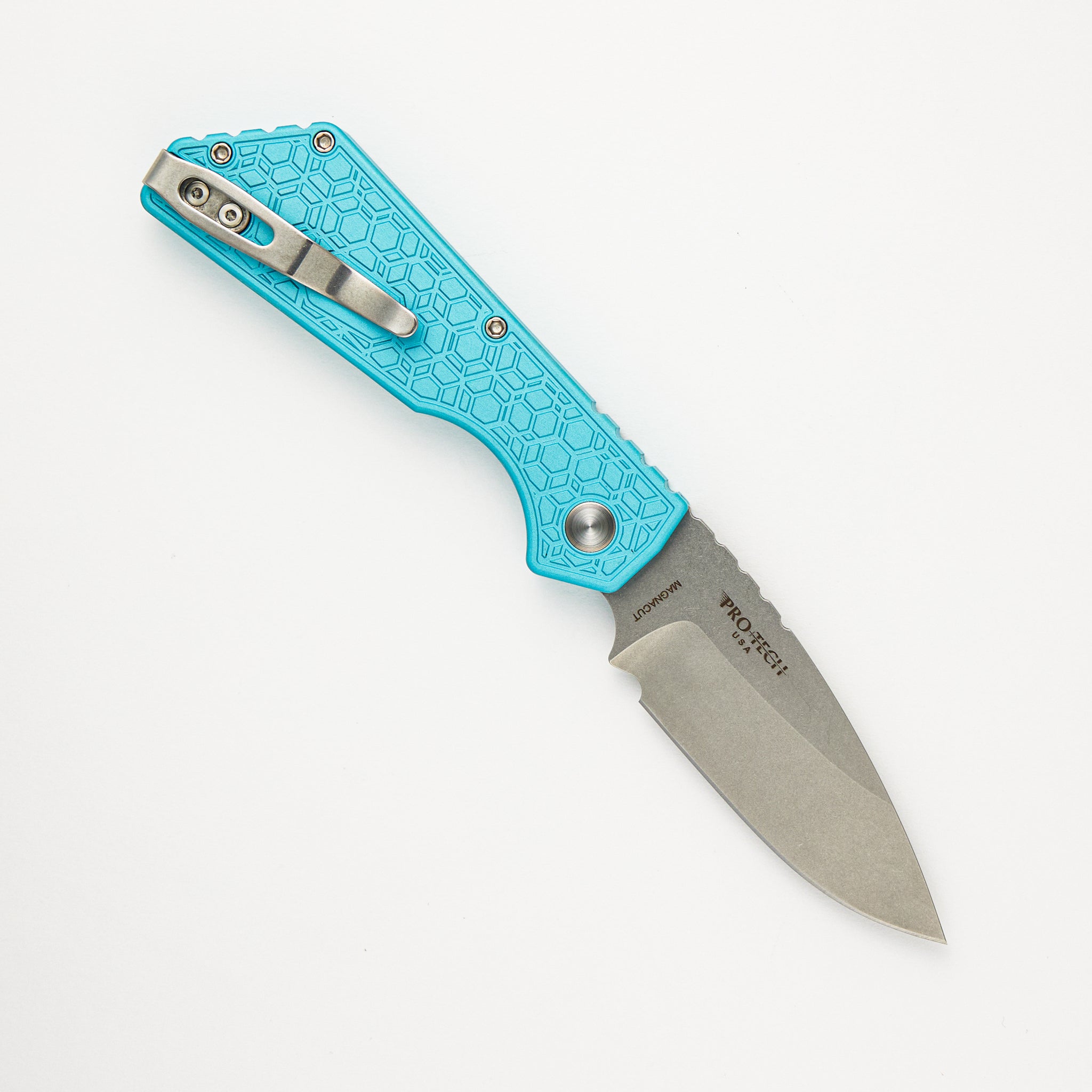 Strider PT Auto – T. Blue Gridlock Textured Handle - Pearl Button - MagnaCut Blade - PT205-Gridlock LTD.