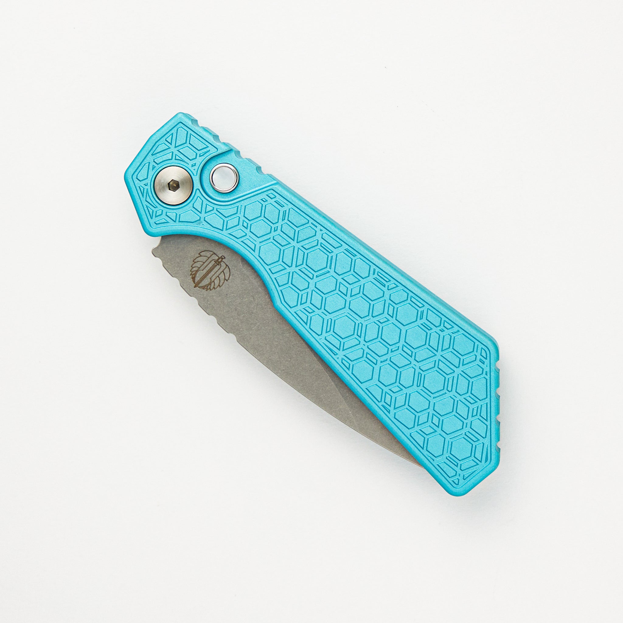 Strider PT Auto – T. Blue Gridlock Textured Handle - Pearl Button - MagnaCut Blade - PT205-Gridlock LTD.