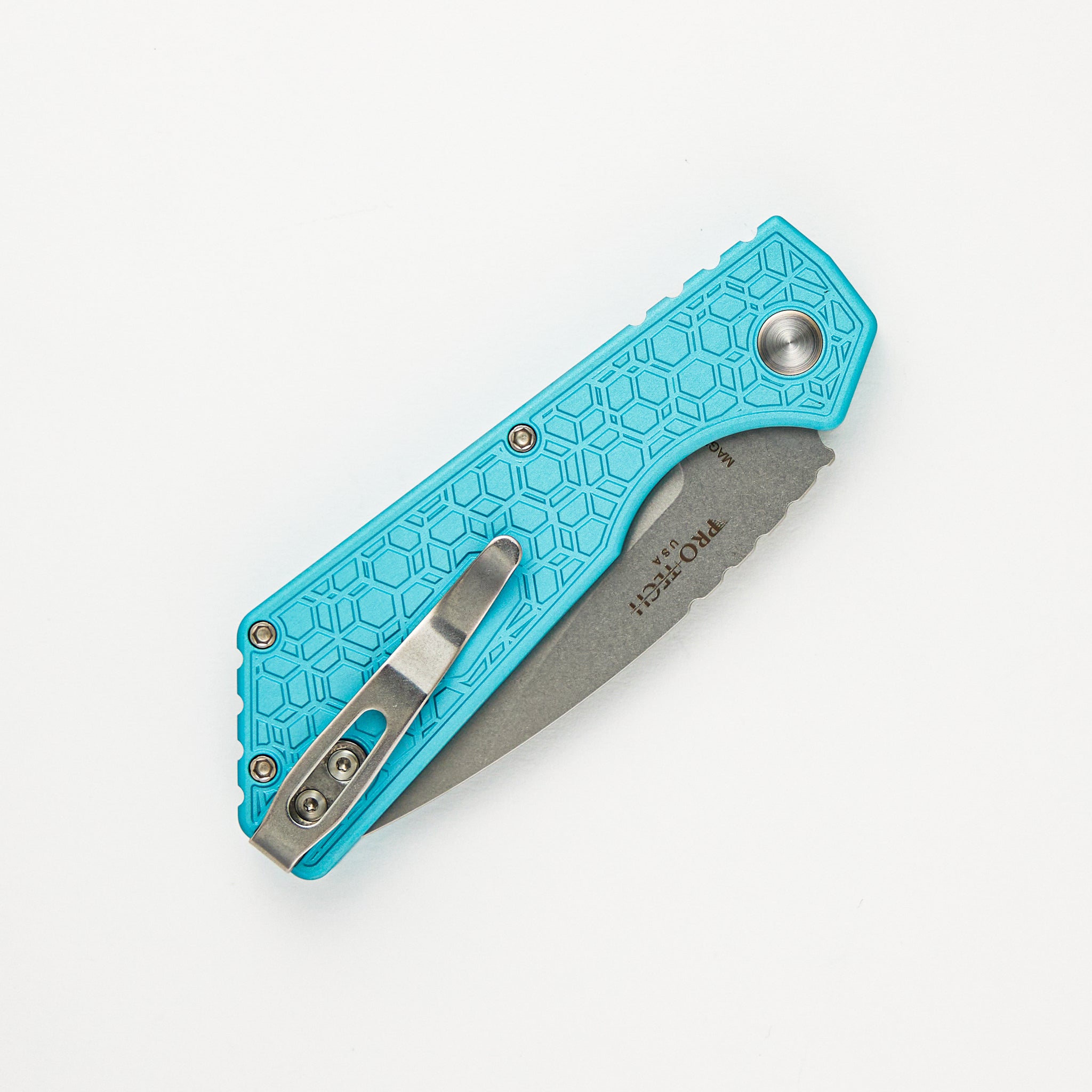 Strider PT Auto – T. Blue Gridlock Textured Handle - Pearl Button - MagnaCut Blade - PT205-Gridlock LTD.