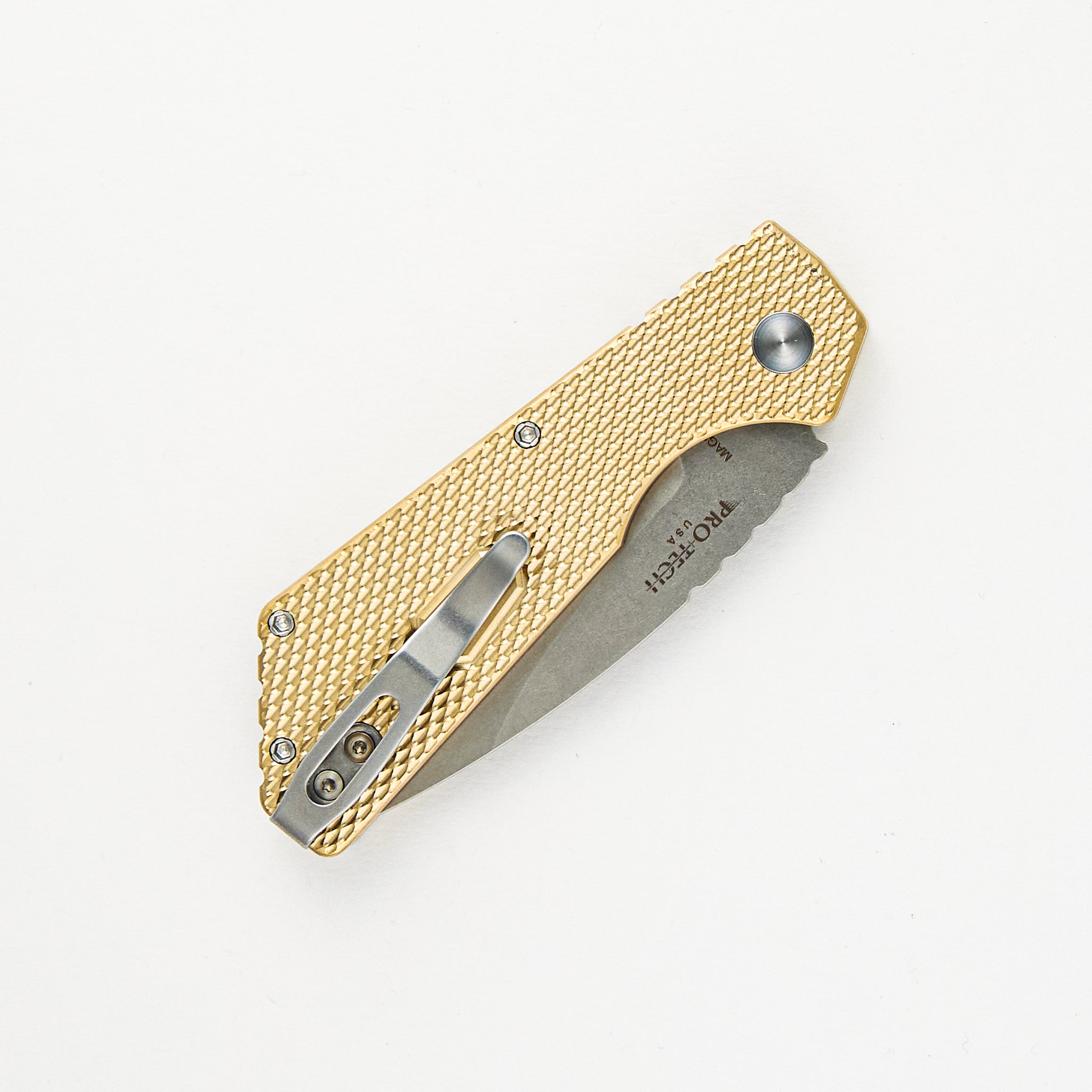 Strider PT Auto – Textured AL Bronze Handle Stonewash Magnacut Blade Abalone Button PT234