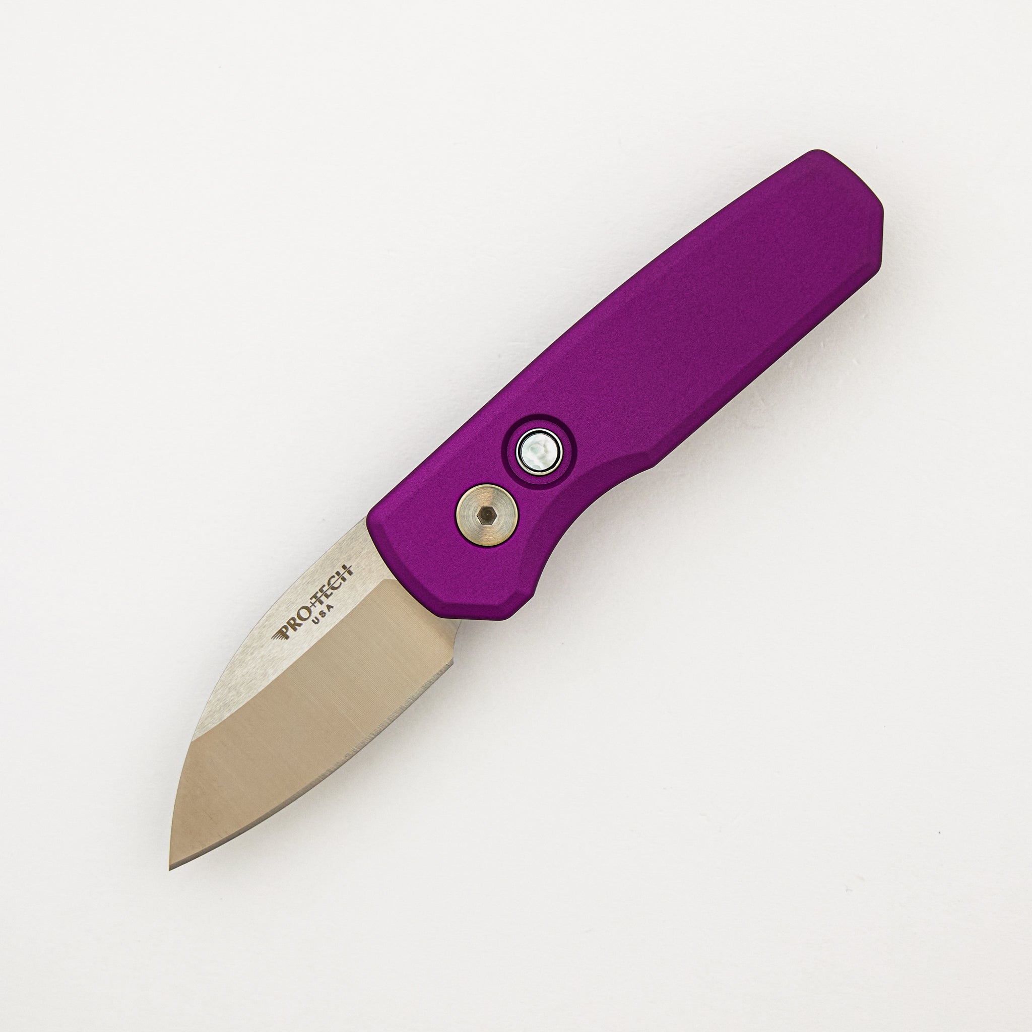 Runt 5 - R5300-LTD PURPLE - Smooth Purple Handle - Machine Satin MagnaCut Wharncliffe Blade - White Pearl Button