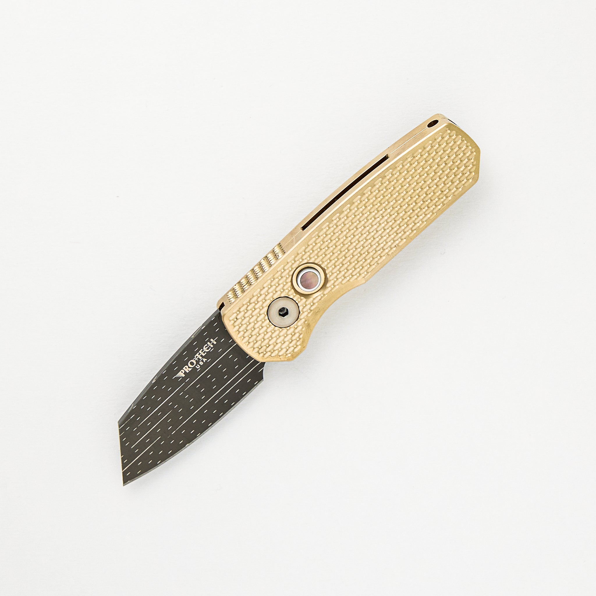 Runt 5 Prototype - Blade Show ATL 2024 - Al Bronze Textured Handle, Chad Nichols Star Fire Reverse Tanto Blade, Black Lip Pearl Button
