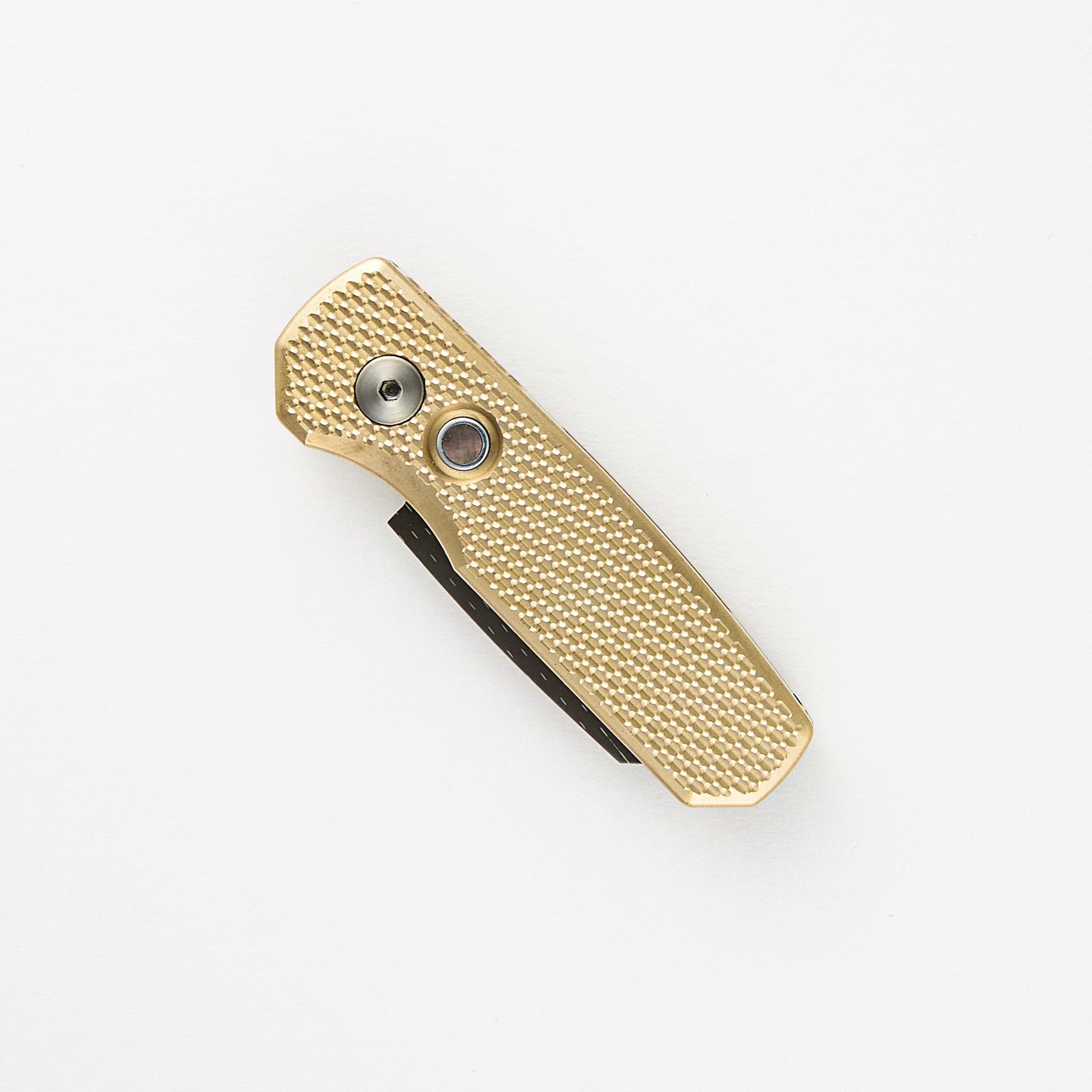 Runt 5 Prototype - Blade Show ATL 2024 - Al Bronze Textured Handle, Chad Nichols Star Fire Reverse Tanto Blade, Black Lip Pearl Button