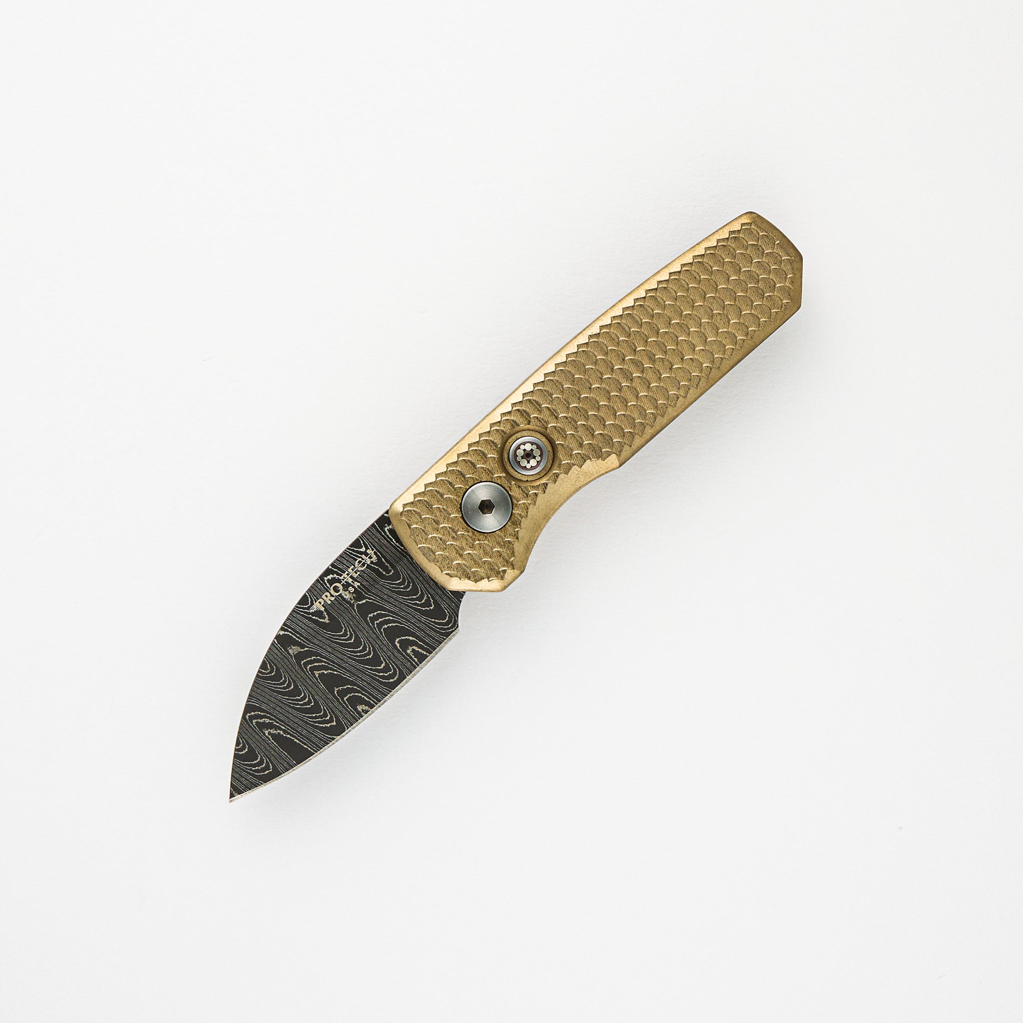 Pro-Tech Knives Runt 5 Limited - Machined Dragon Scale Brass Handle – Chad Nichols Wharncliffe Blade