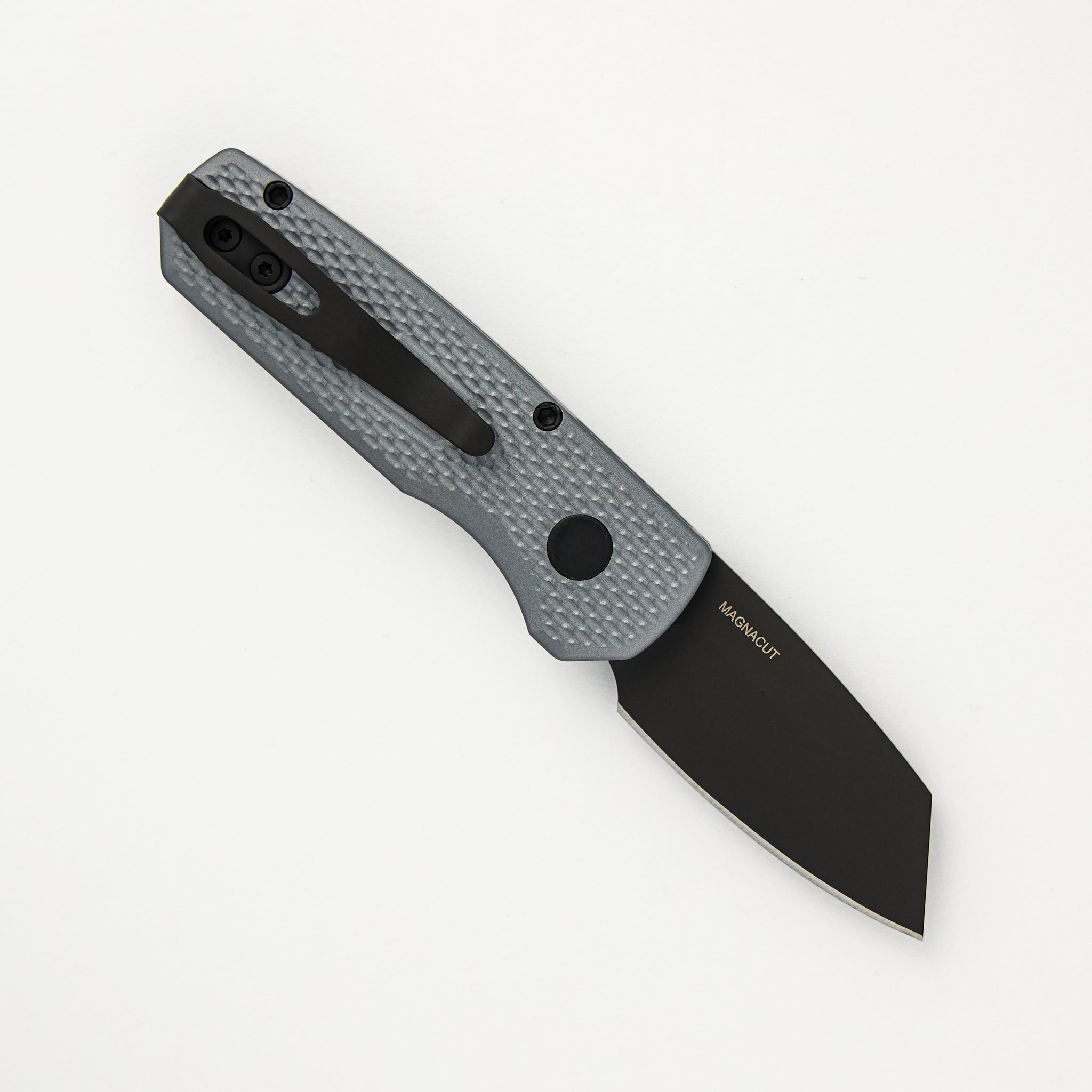Runt 5 – Textured Grey Aluminum Handle – DLC Black Magnacut Reverse Tanto Blade – R5406-GREY