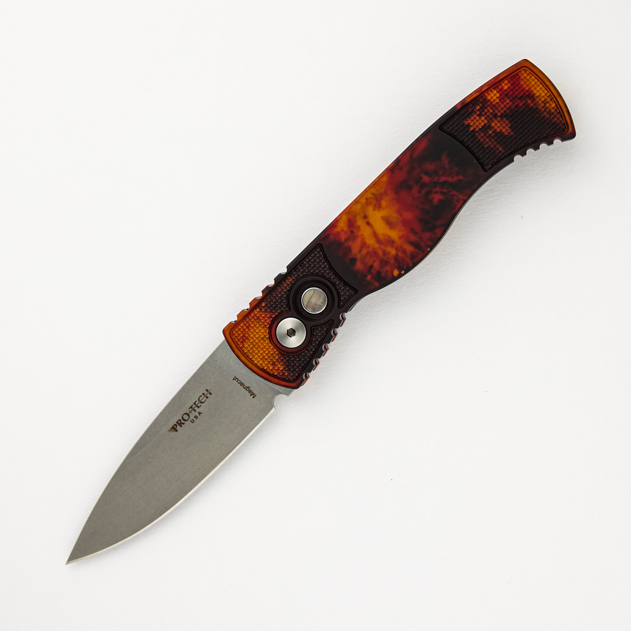 Tactical Response 2 - "Del Fuego" anodized Handle with Textured Corners - Black Lip Pearl Push Button - Stonewash MagnaCut Blade T201-DF