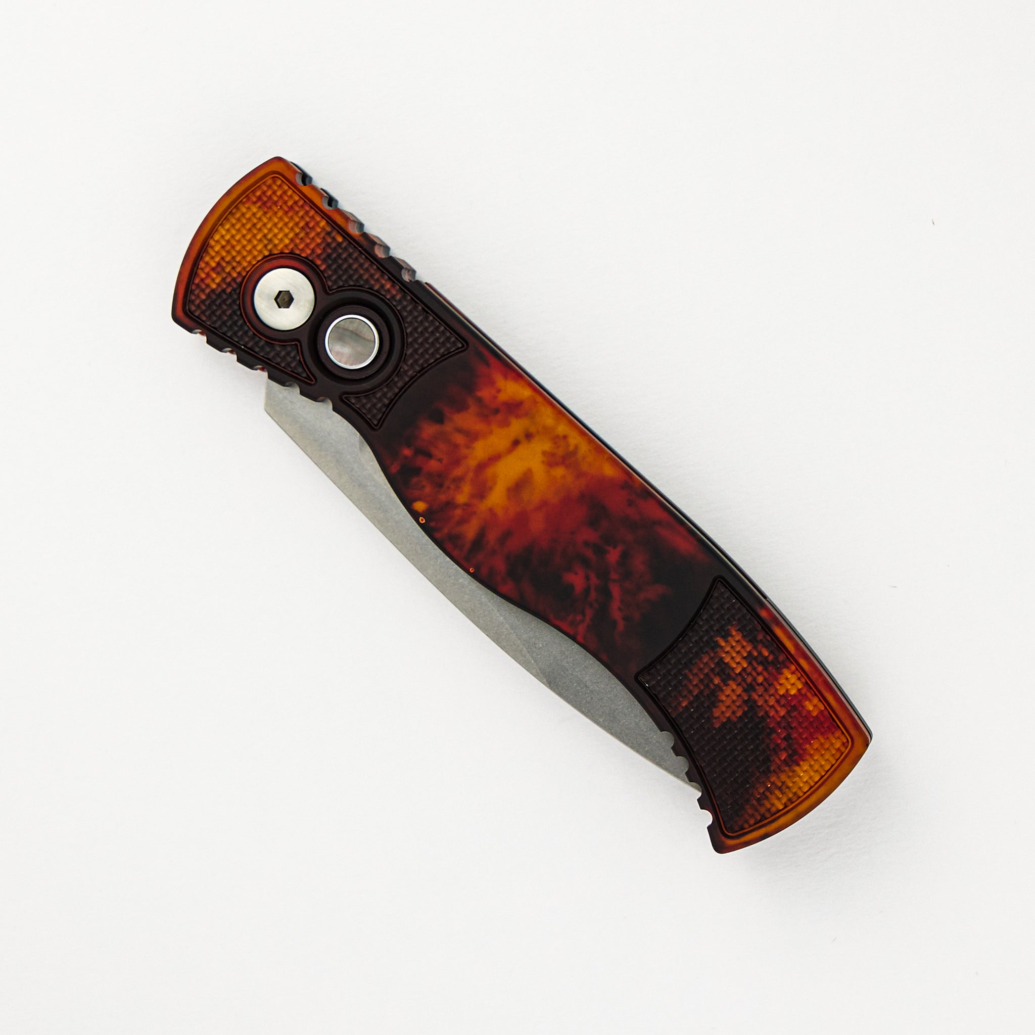 Tactical Response 2 - "Del Fuego" anodized Handle with Textured Corners - Black Lip Pearl Push Button - Stonewash MagnaCut Blade T201-DF
