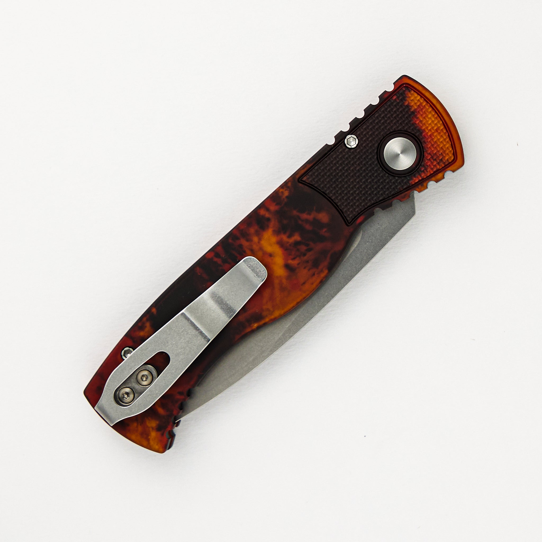 Tactical Response 2 - "Del Fuego" anodized Handle with Textured Corners - Black Lip Pearl Push Button - Stonewash MagnaCut Blade T201-DF