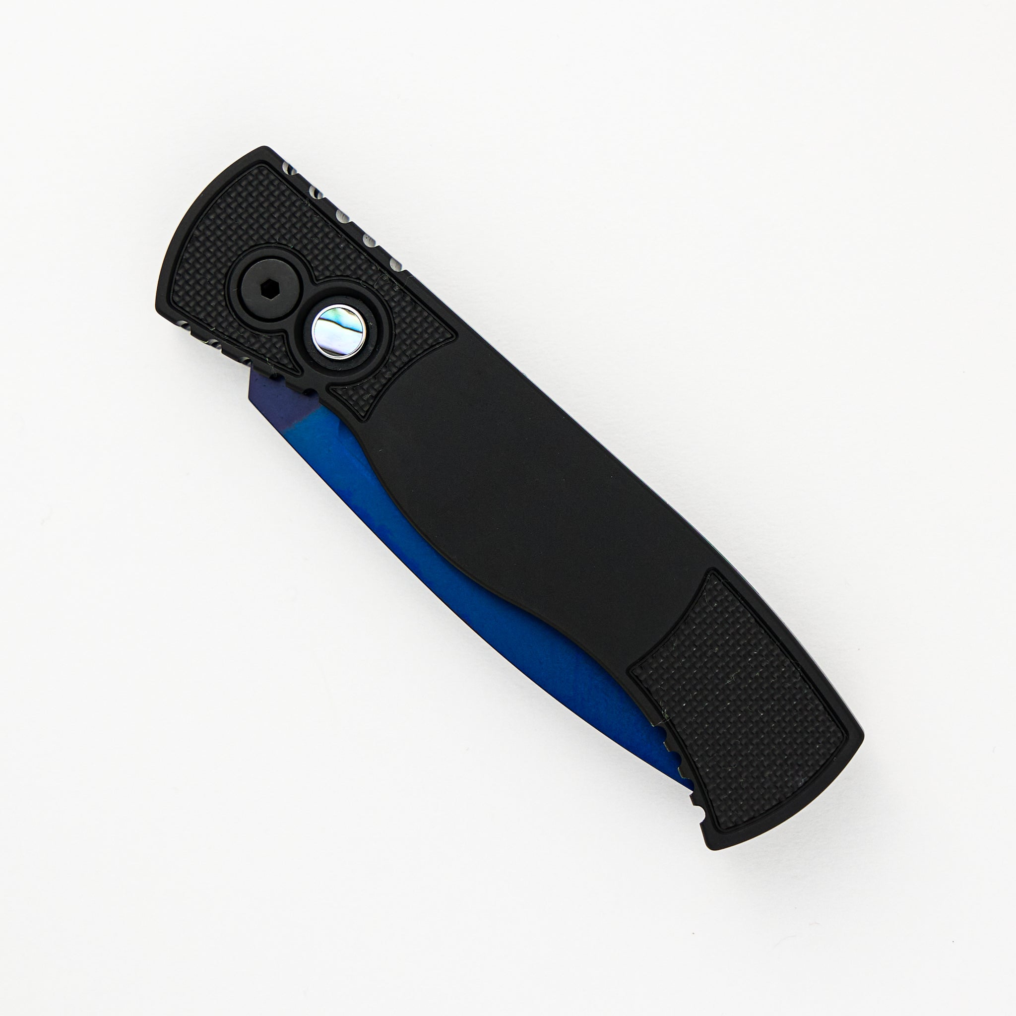 Tactical Response 2 - Black Handle With Textured Corners - Abalone Push Button - Sapphire Blue MagnaCut Blade T203-SB