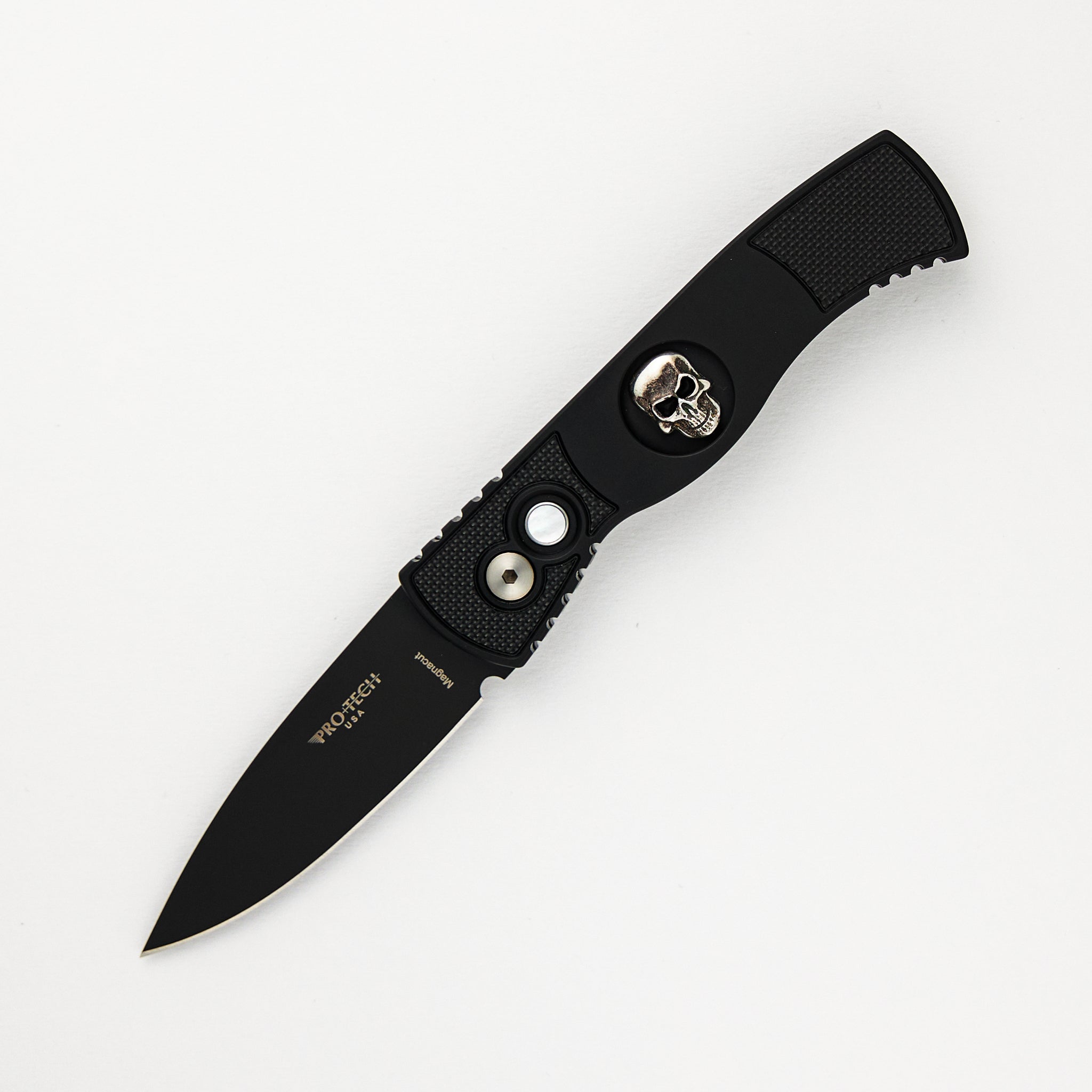 TR-2 Skull Blade Show 2024 - Black Handle, Shaw Sterling Silver Skull, MOP Button, Black MagnaCut Blade